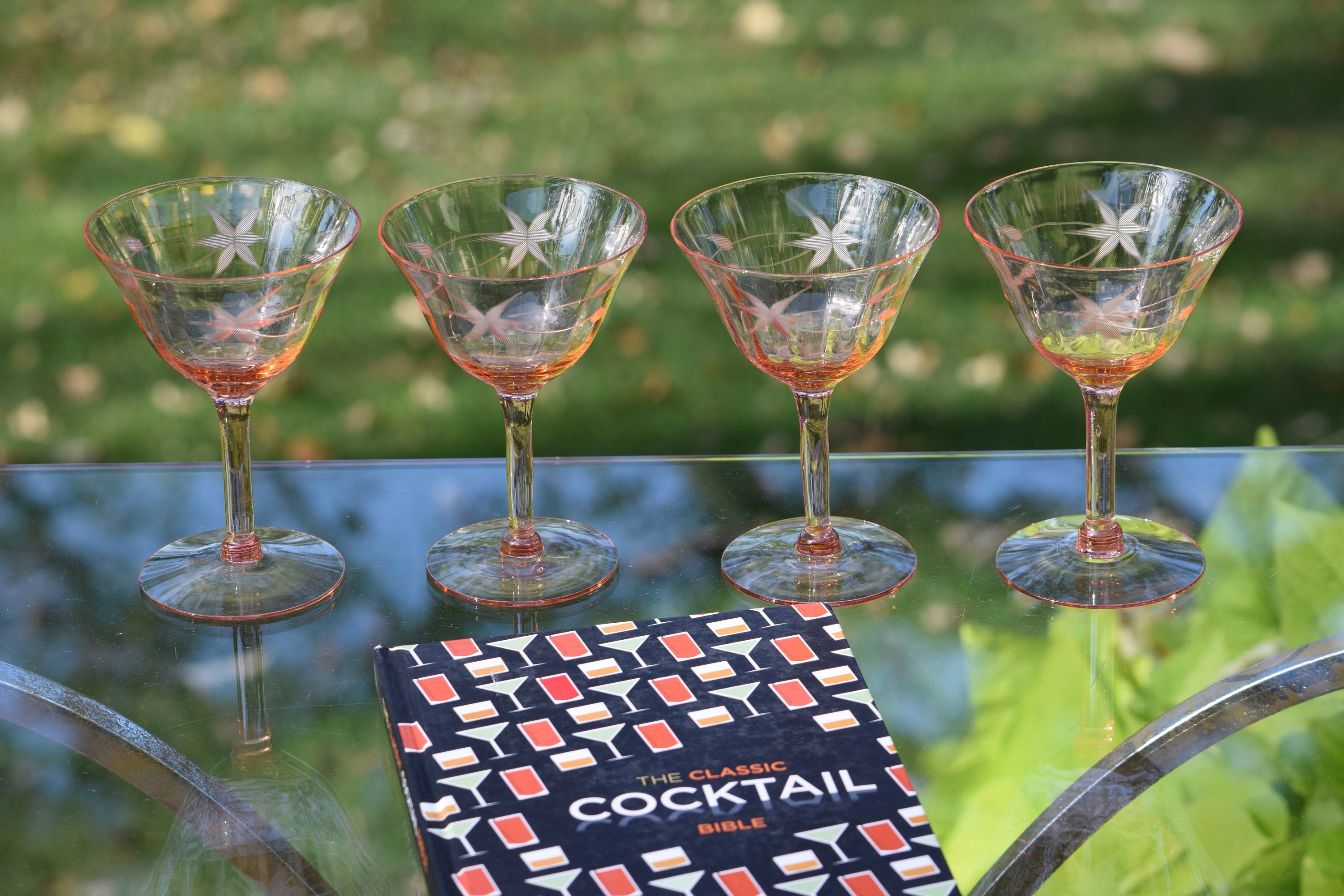 Vintage Etched PINK DEPRESSION Glass Cocktail - Martini Glasses, Set of 4, Vintage Pink Etched ...
