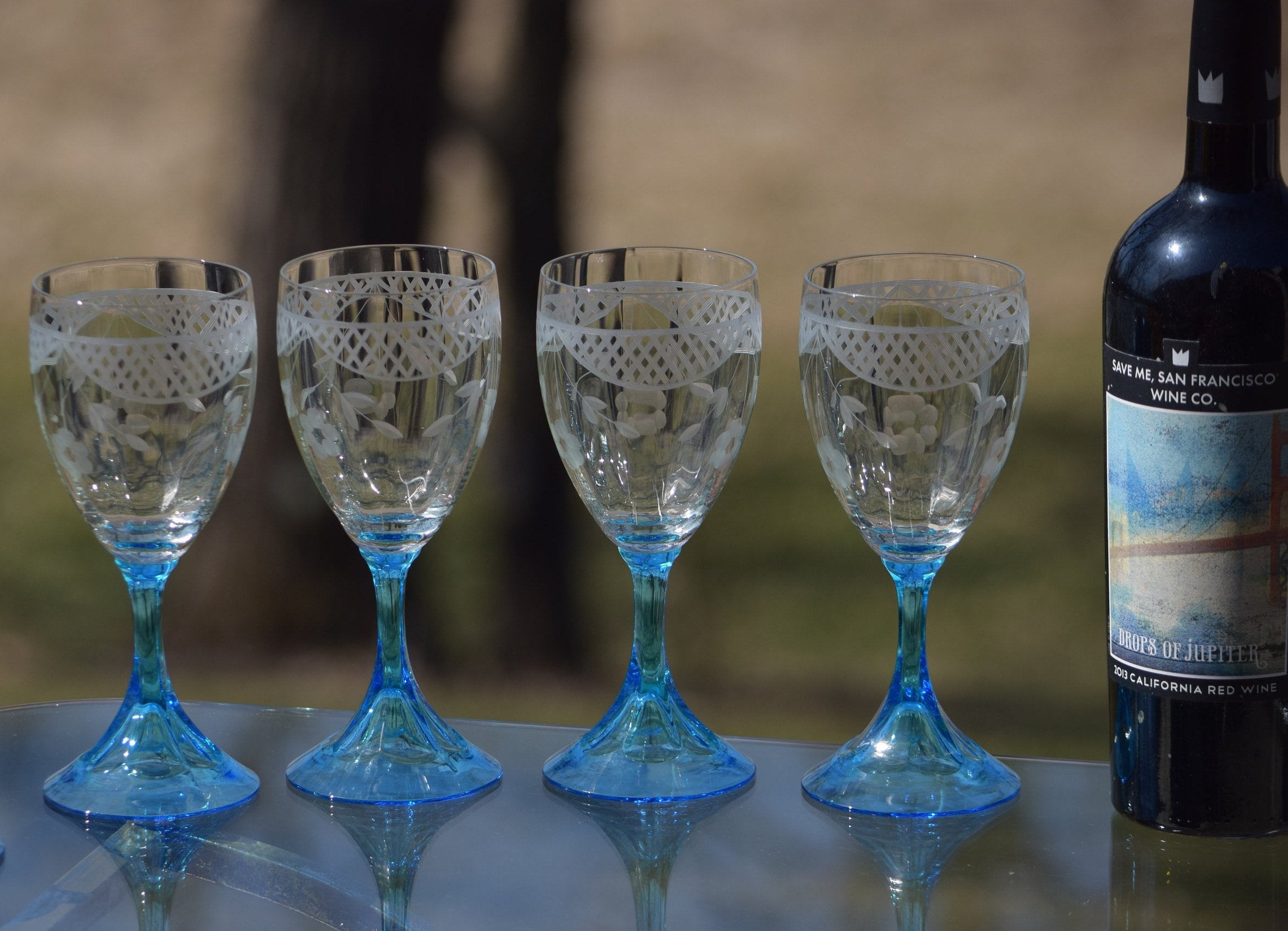 Vintage Etched CRYSTAL Wine glasses, Set of 4 Tiffin Franciscan circa 1920  Vintage Etched Blue Clear Wine Glasses, Lattice Etched Wine Glass