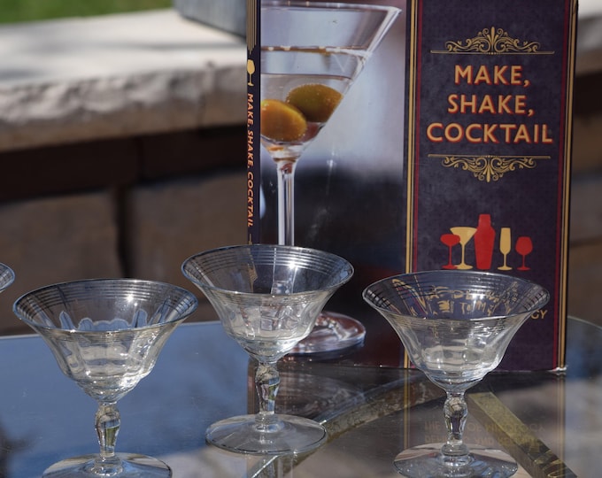 Martini Time! Get Ready! 6 Vintage Platinum ~ Chrome Rim Striped Cocktail Martini Glasses, 1950 Nick and Nora Style, Platinum Rims