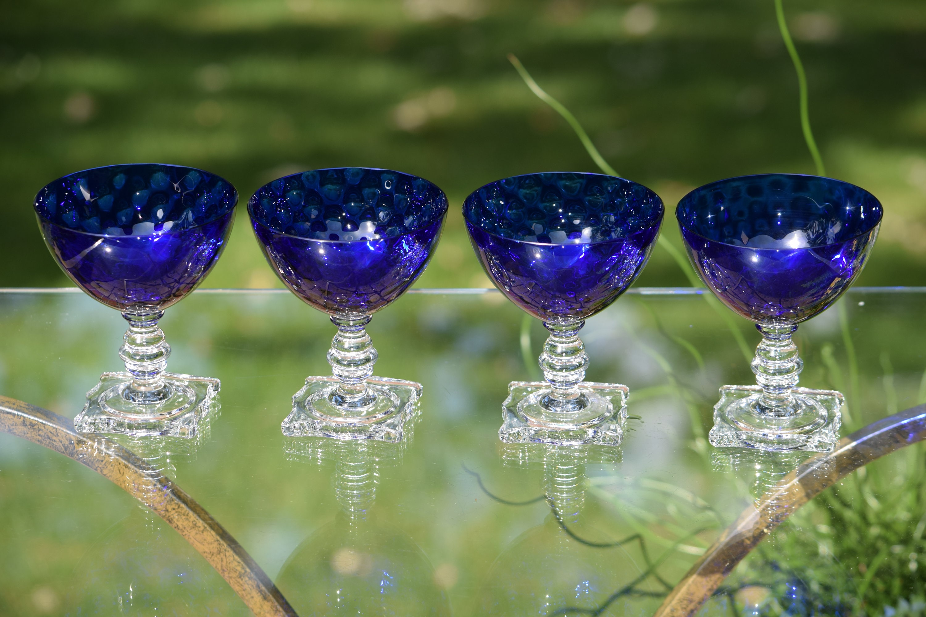 Vintage blue stem martini glasses / set of four 4/ cobalt blue barware /  cocktail glasses / 90s