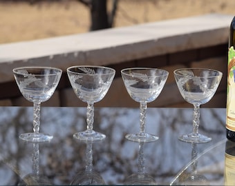 Vintage Etched Liqueur Glasses - Set of 4 Cordials with Twisted Stems