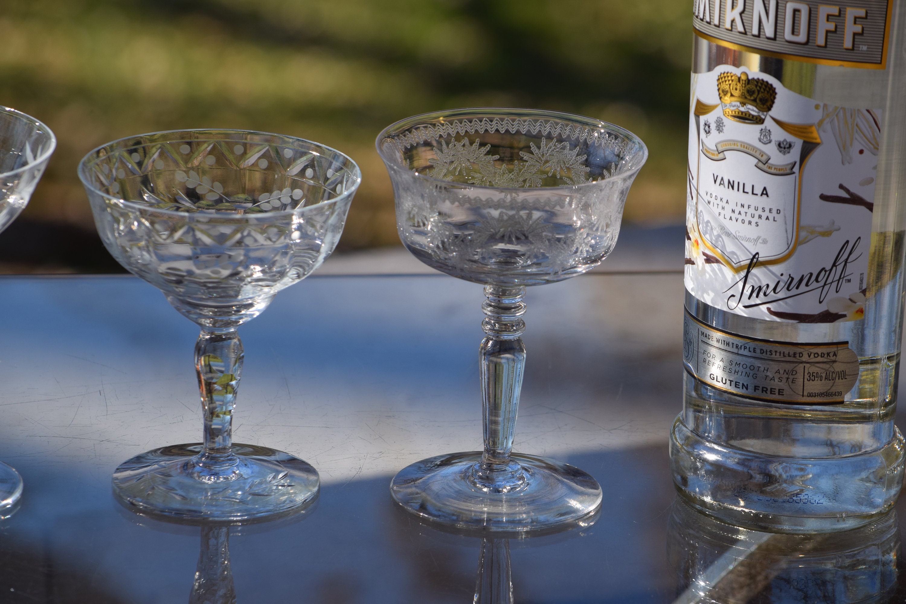 4 Vintage Etched CRYSTAL Cocktail Martini Glasses, Set of 4 Mis