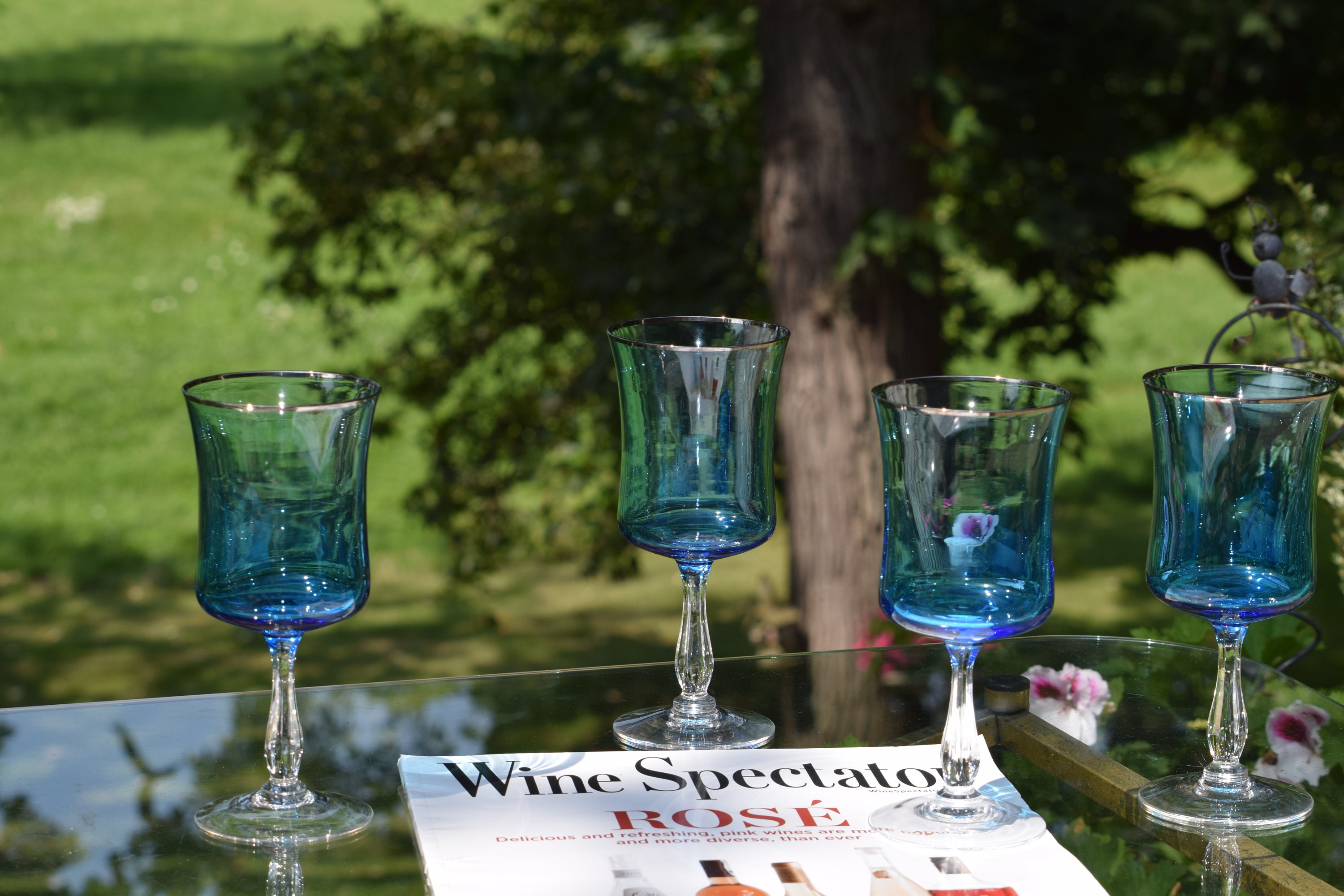 Set of 4 blue tinted wine glasses #BlueGlass #VintageWineGlasses #Love –  Vintage Plates Company