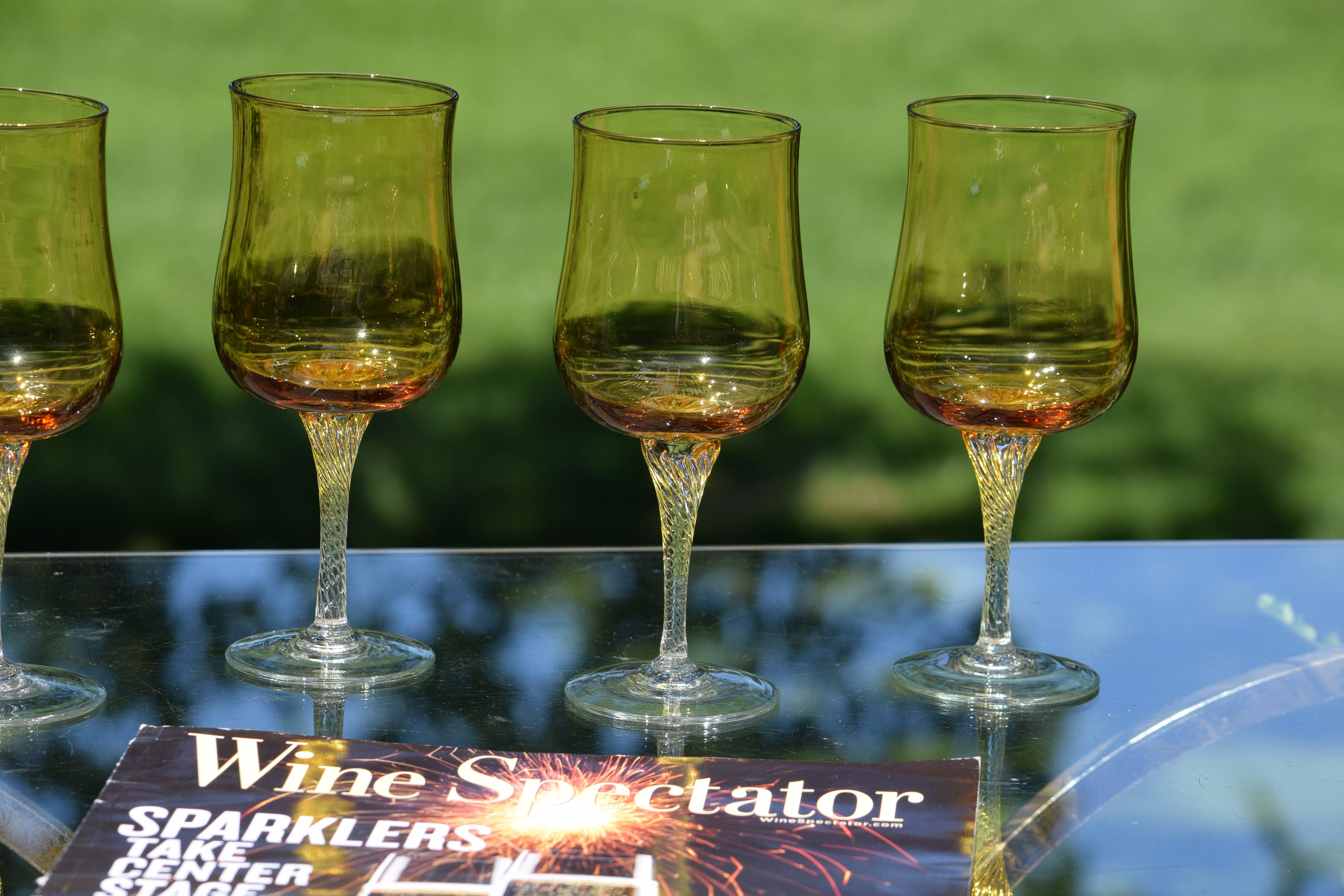 Vintage Yellow with Clear Twisted Stem Wine Glasses, Set of 4, Vintage