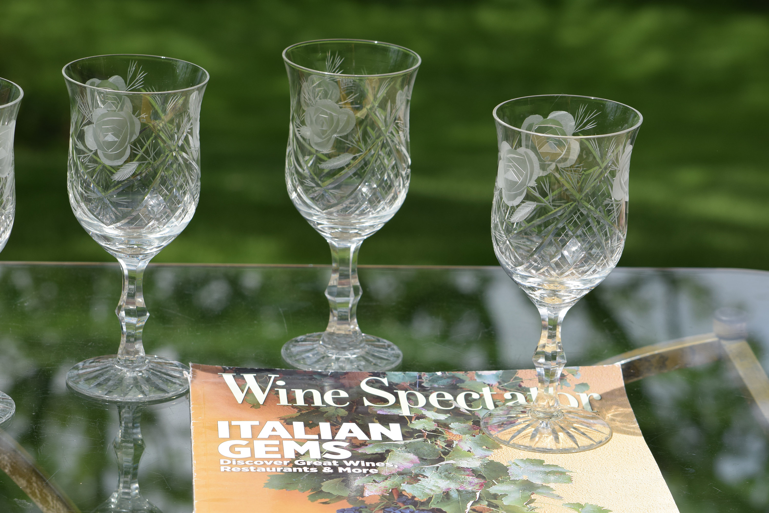 Wine Glass Set, Etched Cut Stemware Lot, Set of 4 Glasses, Etched