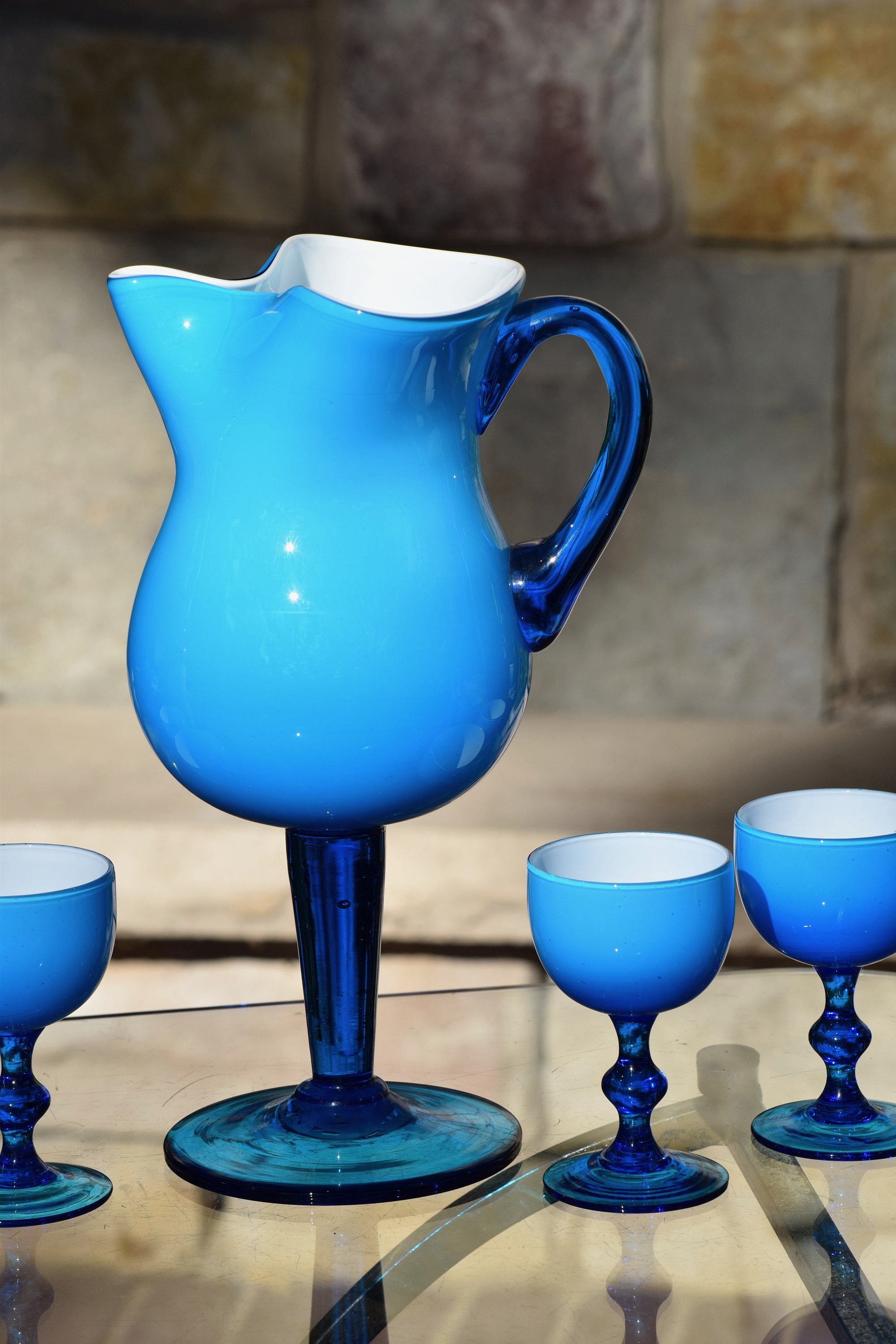 Set of 7 Vintage Mid Century Modern Drinking Glasses Blue White