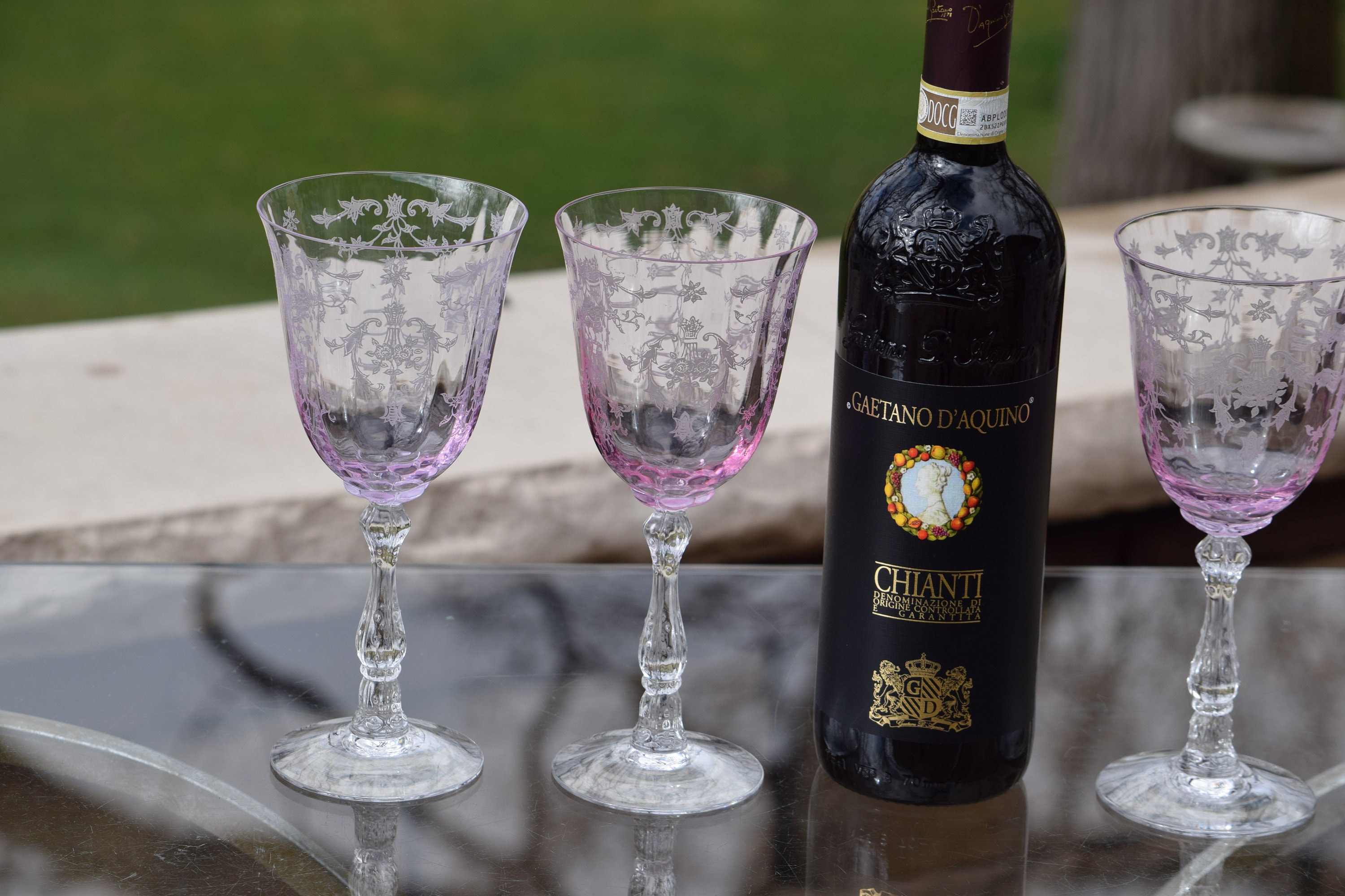 4 Vintage Pink Etched Wine Glasses, Fostoria Navarre Pink, 1970's, 7 5/