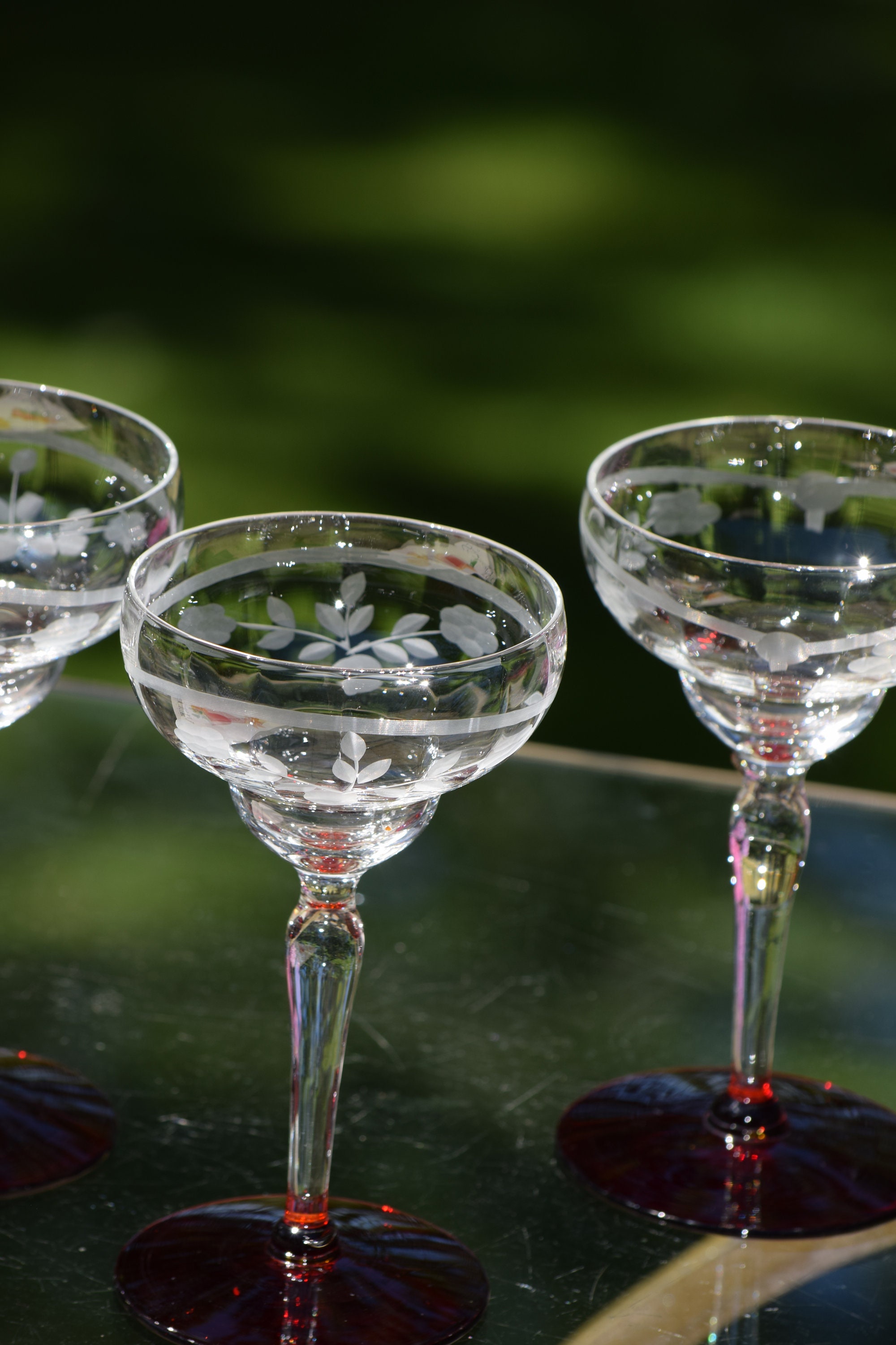 5 Vintage Etched Red Cocktail Glasses, 1950's, Vintage 4 oz Small