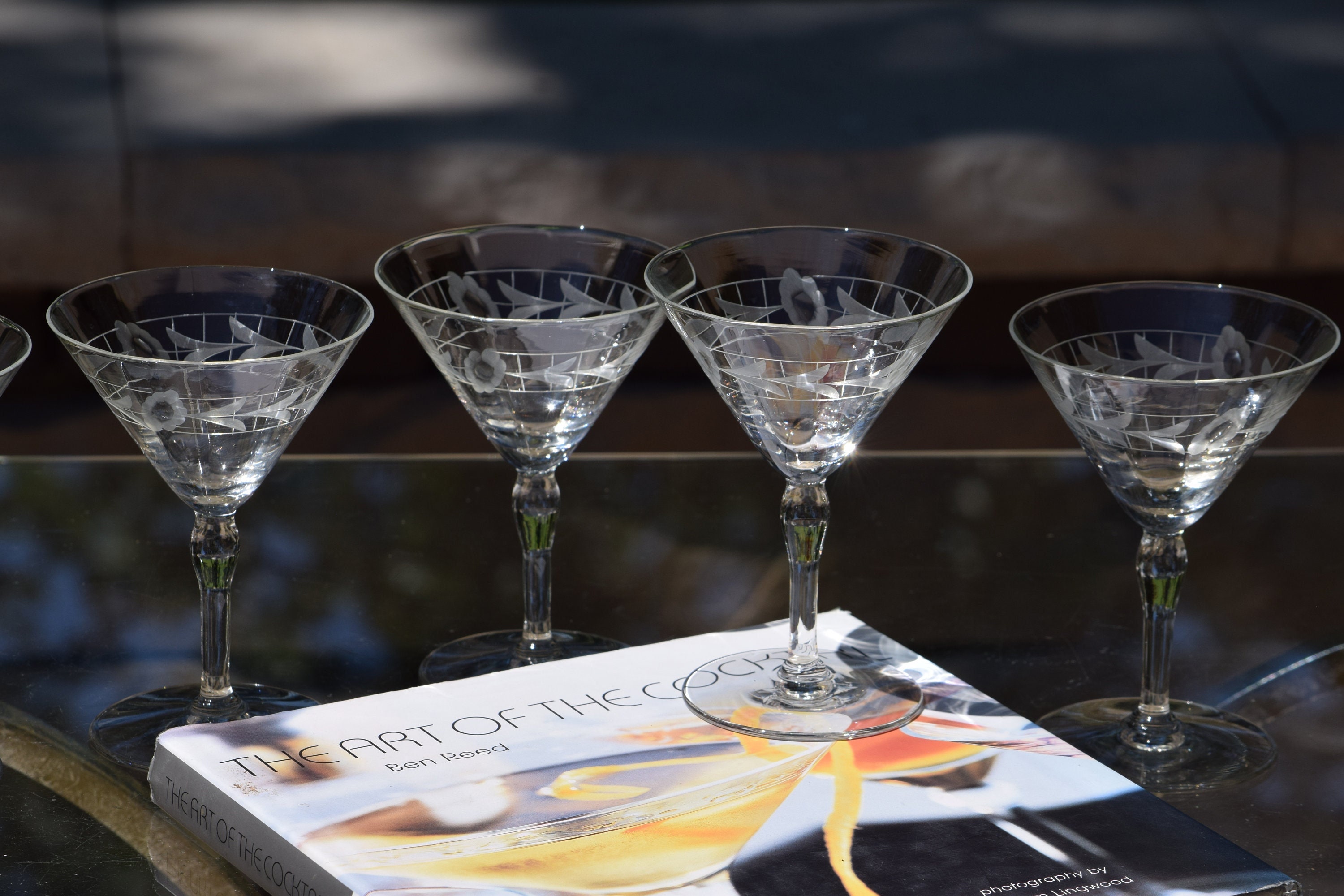 5 Vintage Etched Cocktail Glasses Martini Glasses, 1950's, Vintage