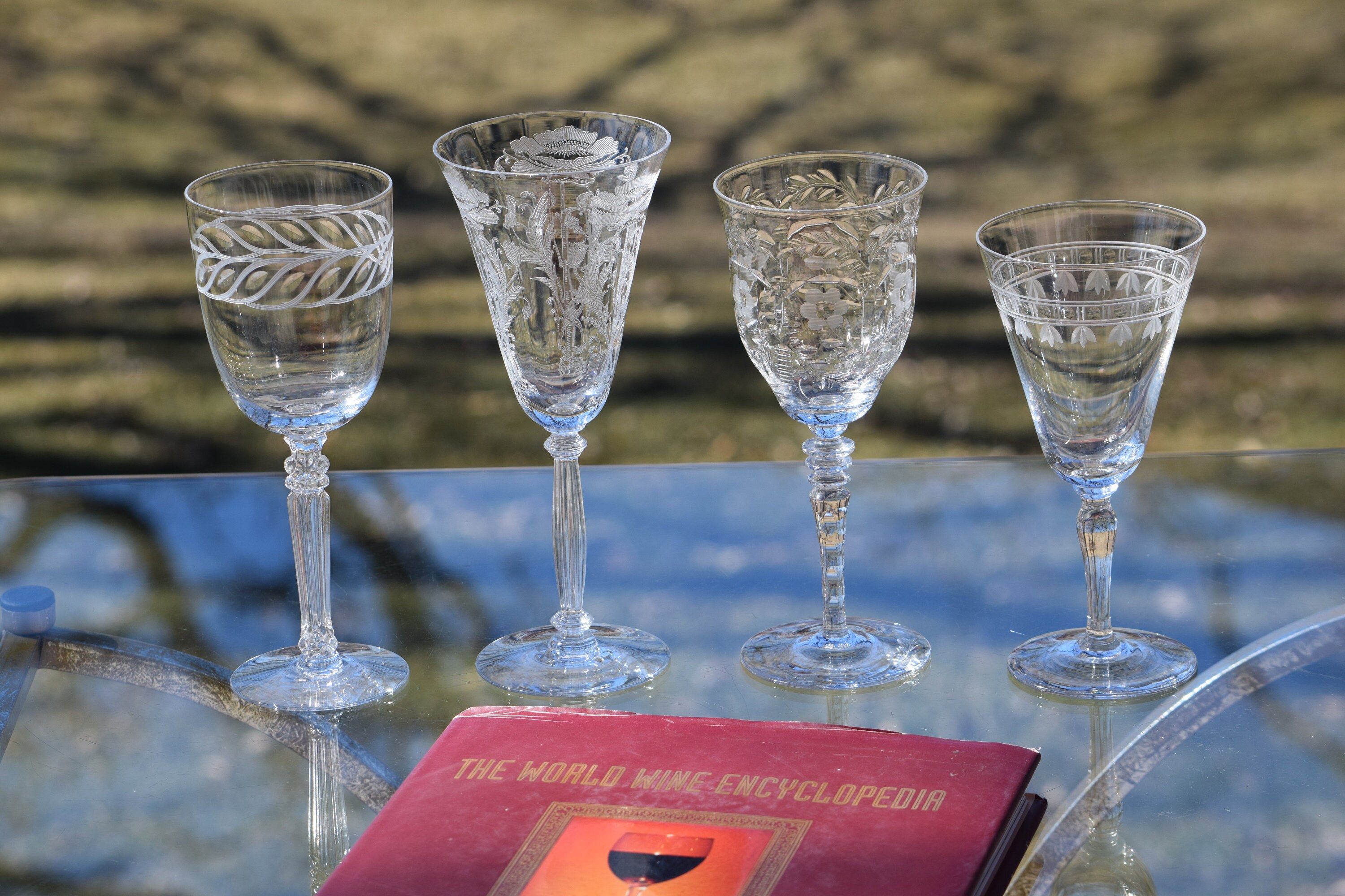 Vintage Etched Wine Glasses, Set of 4, Set of 4 Mis-Matched Etched Wine ...