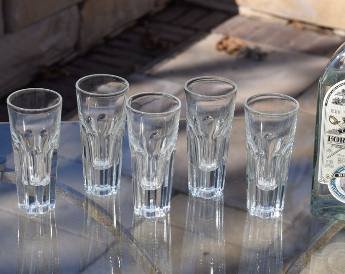 5 Vintage Cocktail Glasses ~ Tequila, Whiskey Glasses, 4 oz, 1950's, Pressed Glass, Mad Men Barware, Whiskey Bourbon Highballs