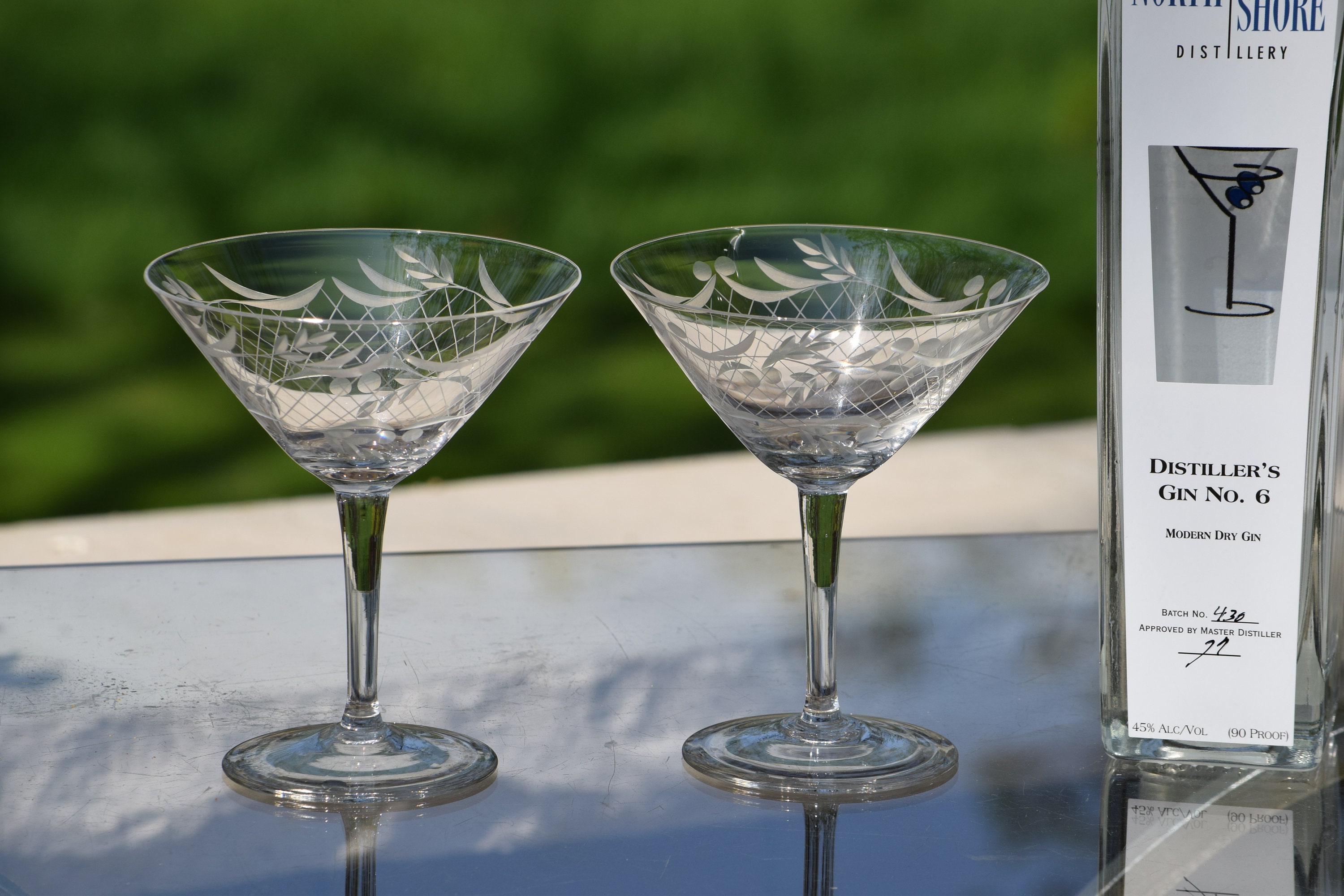 2 Vintage Etched Cocktail Glasses ~ Martini Glasses, 1950's