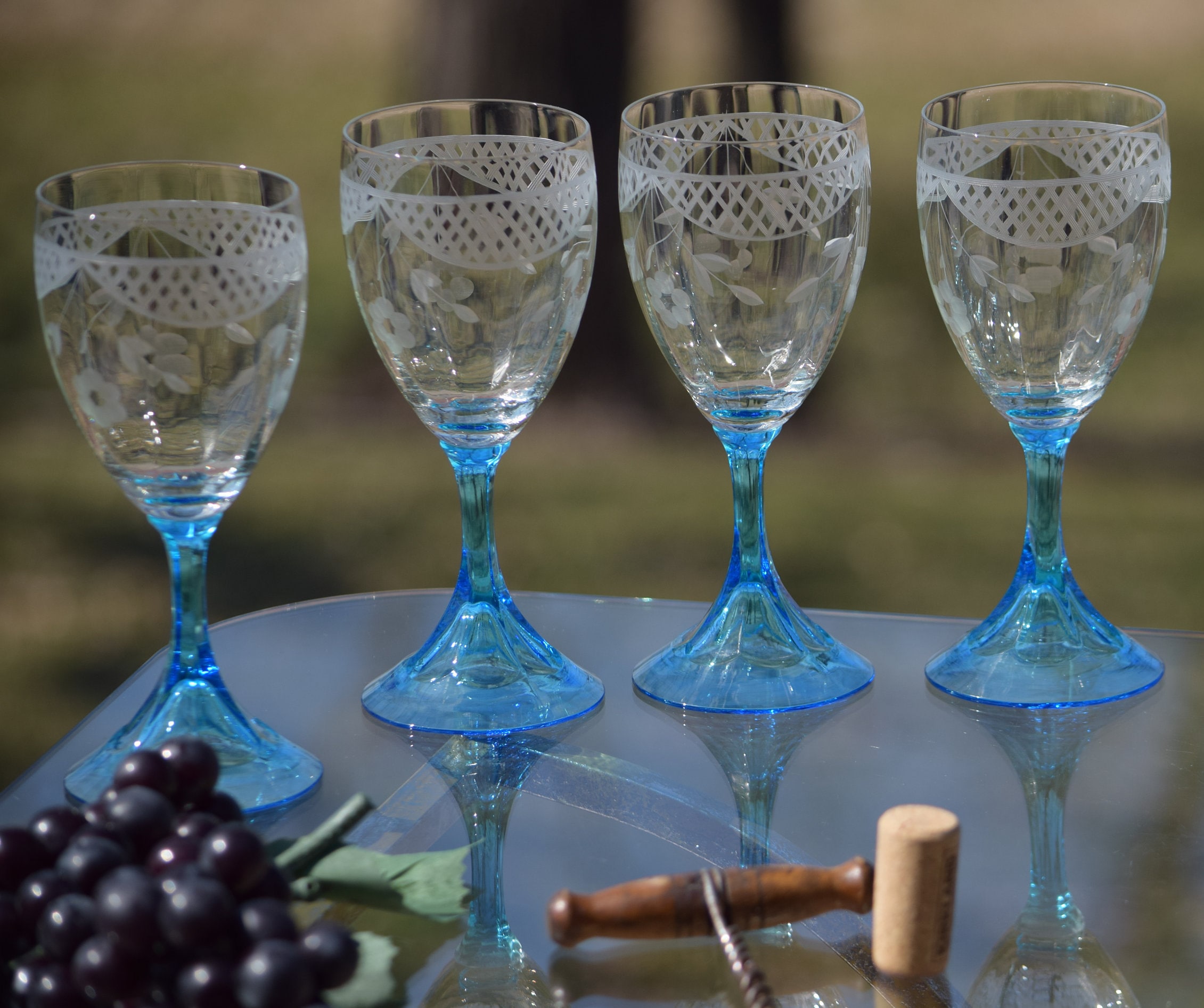 1920s Set of 4 Antique French Glass Wine Glasses