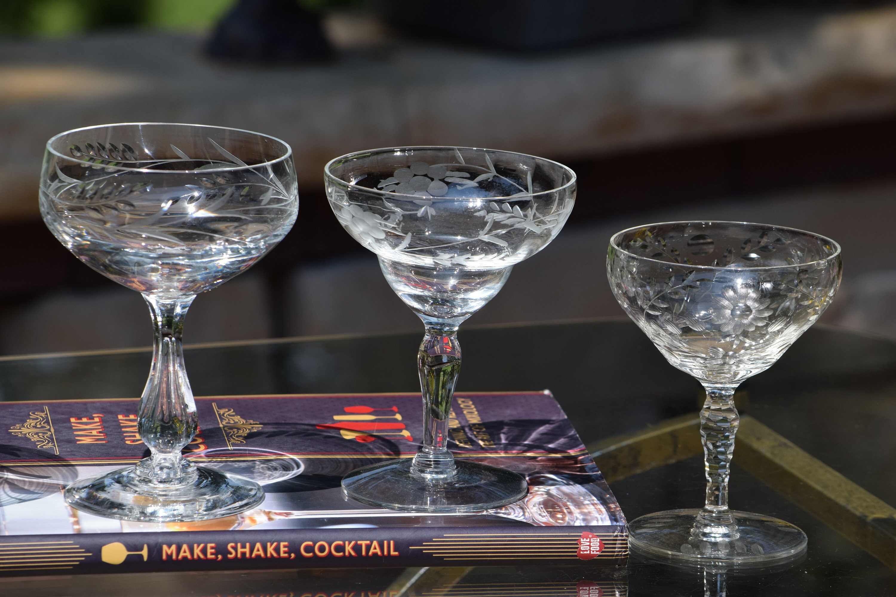 4 Vintage Etched Cocktail Martini Glasses, Set of 4 MisMatched Mixed