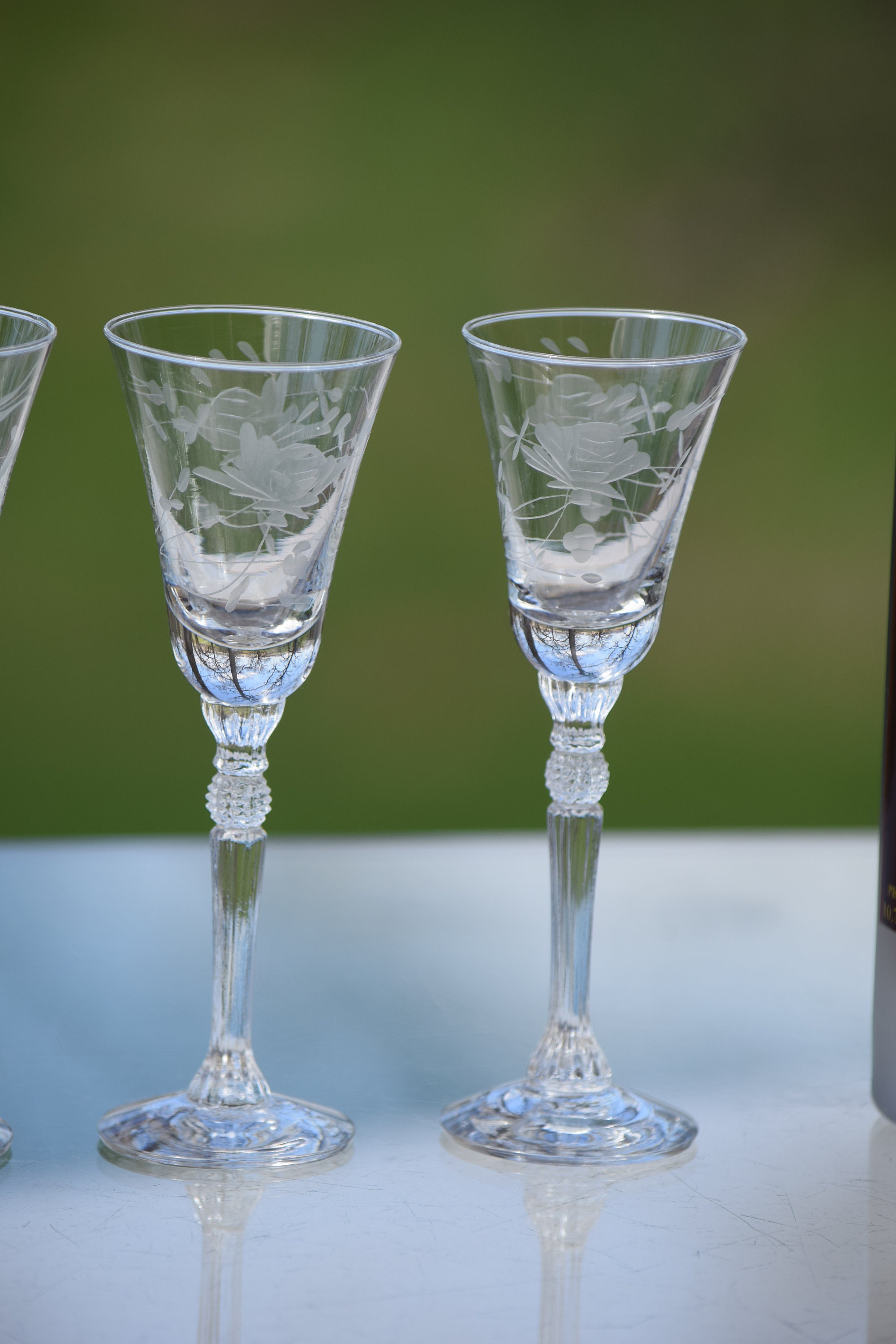 4 Vintage Etched Liqueur Wine Glasses Cordials, 1 oz Port Wine