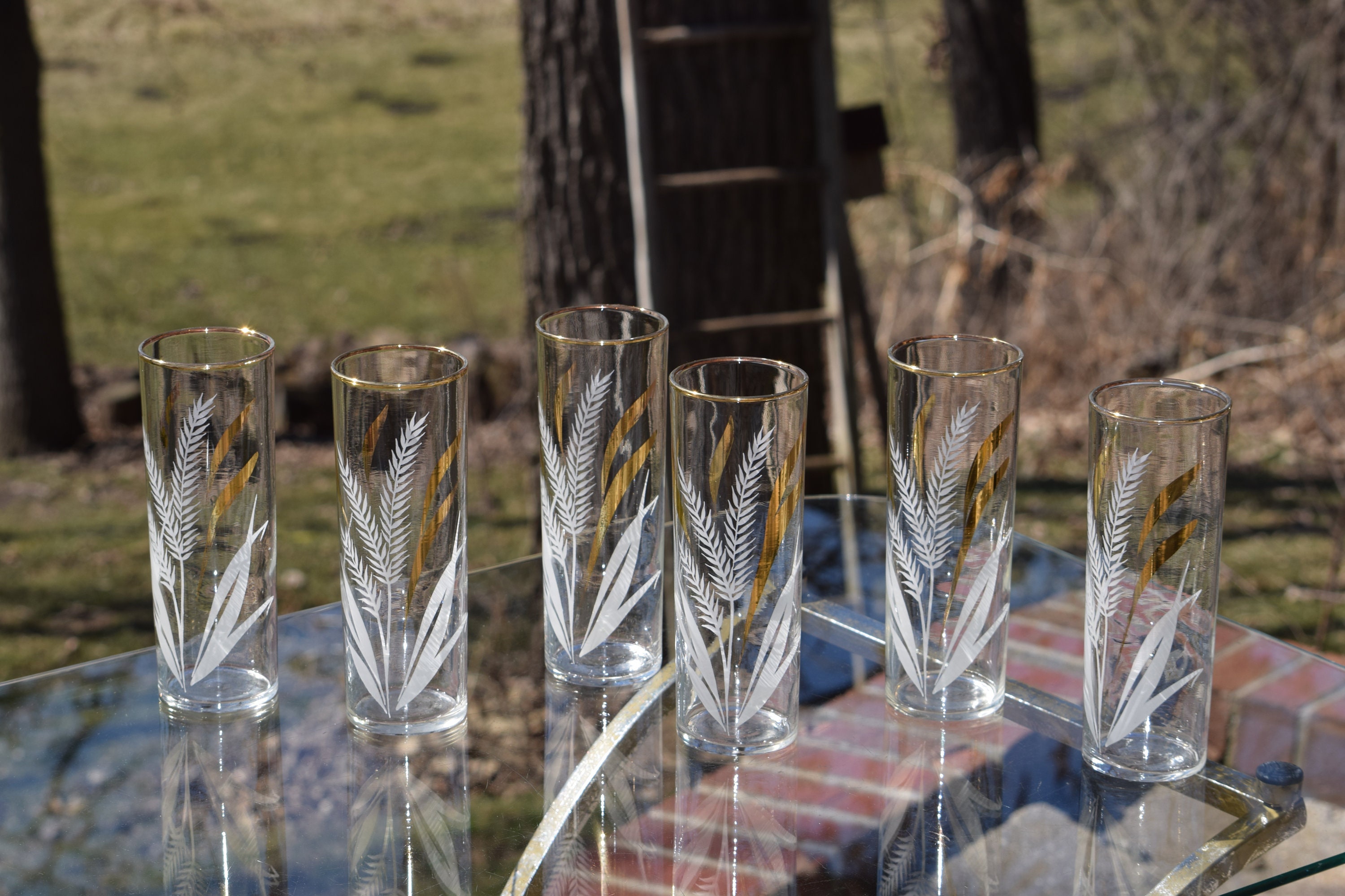 Vintage Gold & White COLLINS Glasses, Set of 6, Vintage Libbey Collins
