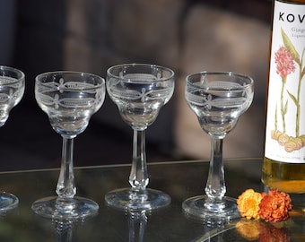 6 Vintage Libbey Liqueur Glasses: Needle Etched Cordials, 1940s After Dinner Drinkware