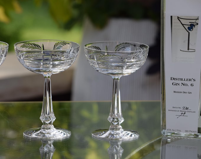 4 Vintage CRYSTAL Etched Cocktail Glasses - Coupes, Vintage Tiffin Franciscan,  Chatham, 1950's, Nick & Nora Coupes,  Champagne Coupes