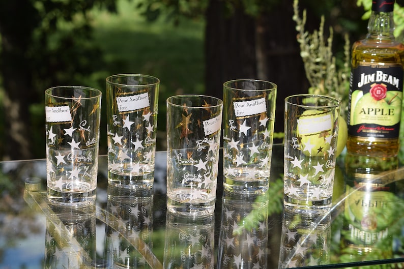 1950/'s 1960/'s Barware Set of 5 Vintage Cocktail- Whiskey Highball Glasses Mid Century Barware Pour Another For Whiskey Highballs