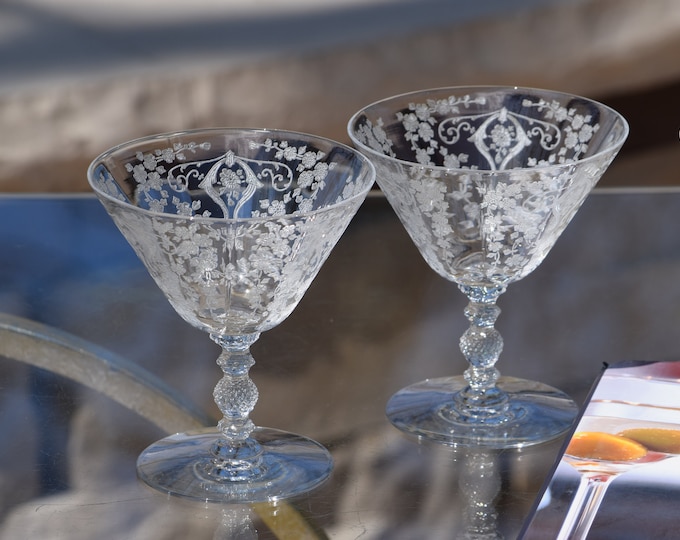 HOLIDAY COCKTAILS! 4 Vintage Etched CRYSTAL Cocktail ~ Martini Glasses, Cambridge, Diane, 1950's, Nick and Nora Champagne Toasting Glasses