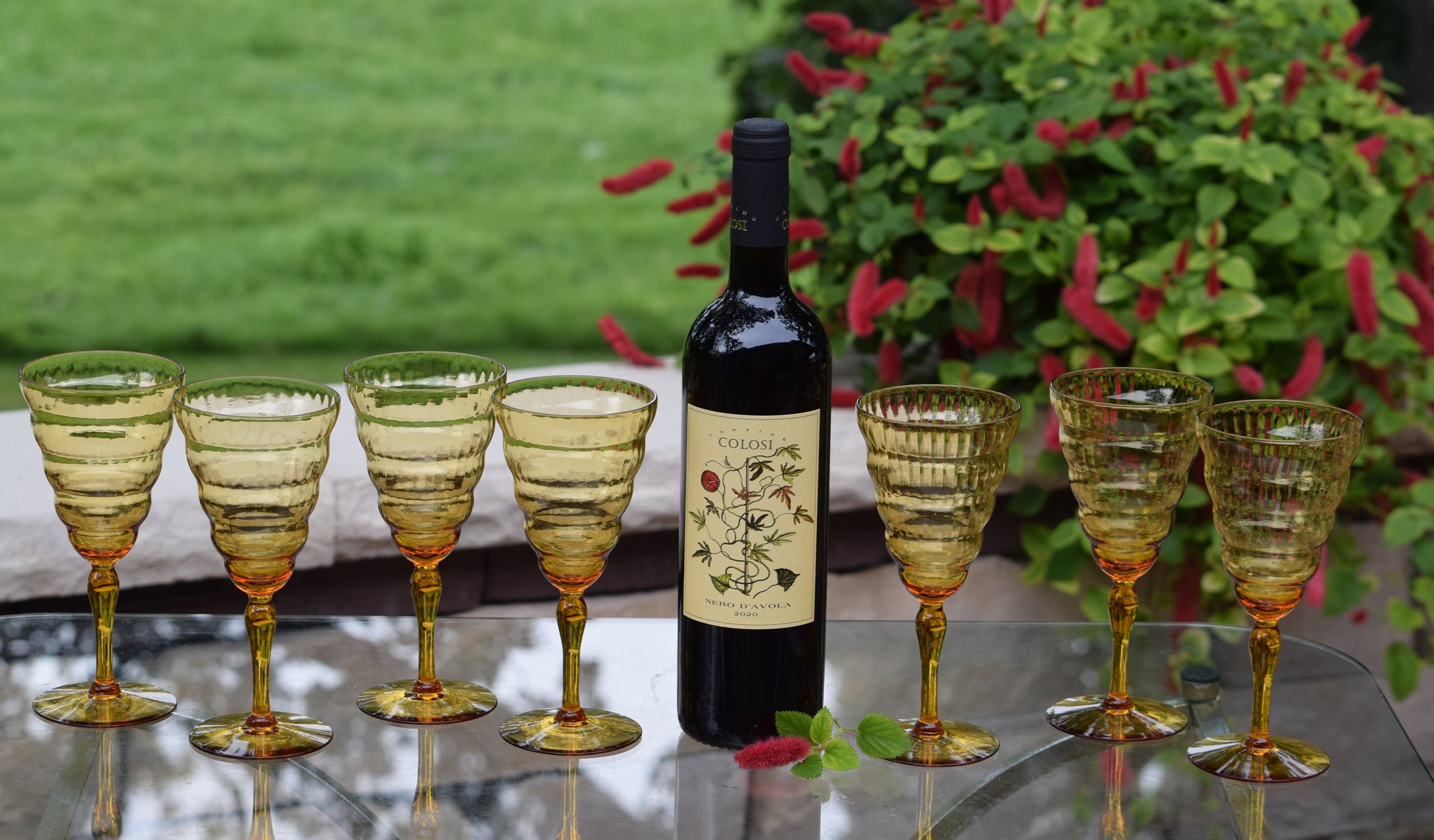 7 Vintage Amber Wine Glasses, Utility Glass Cambridge Amber c 1929