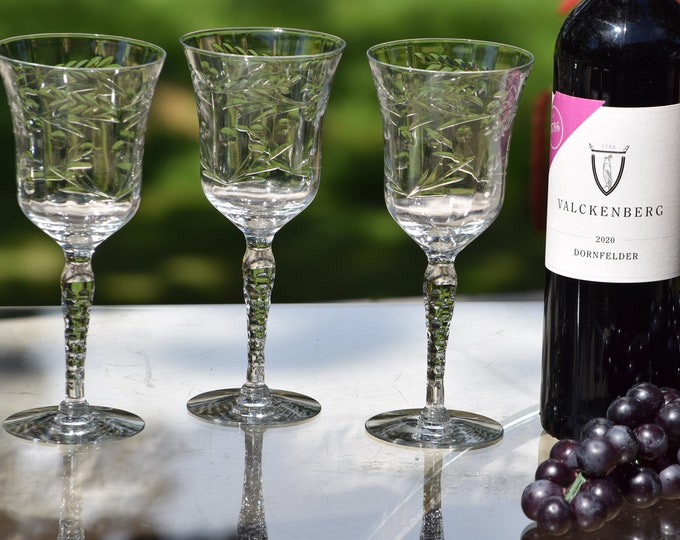 Vintage Etched Wine Glasses, 1940's, Faceted Stem, Wine Tasting