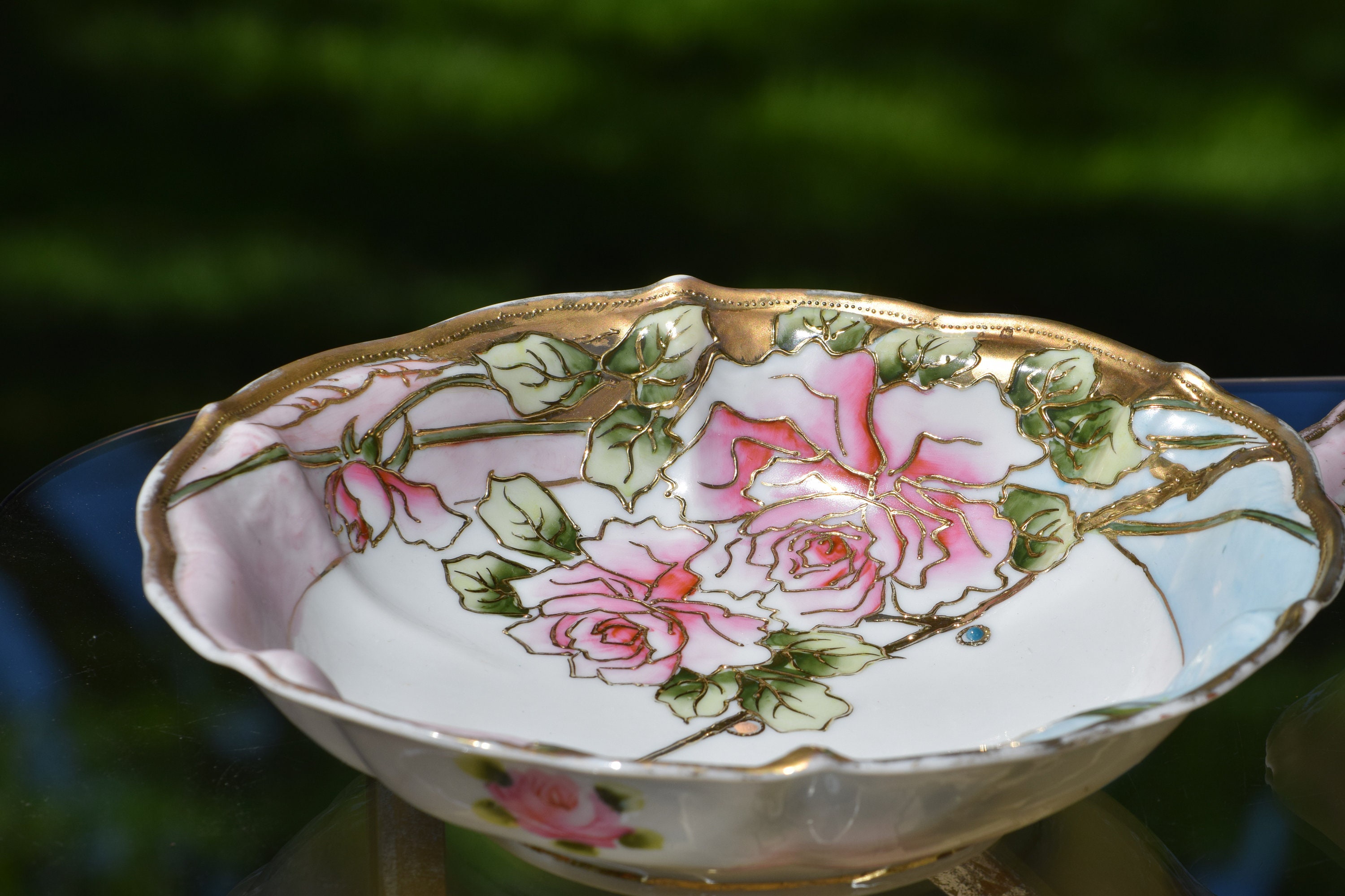 Vintage Porcelain Berry Bowl Set, Hand Painted ~ Japan Porcelain Bowls,  Vintage Nippon Gilded Gold Floral Berry Bowl with 4 small bowls