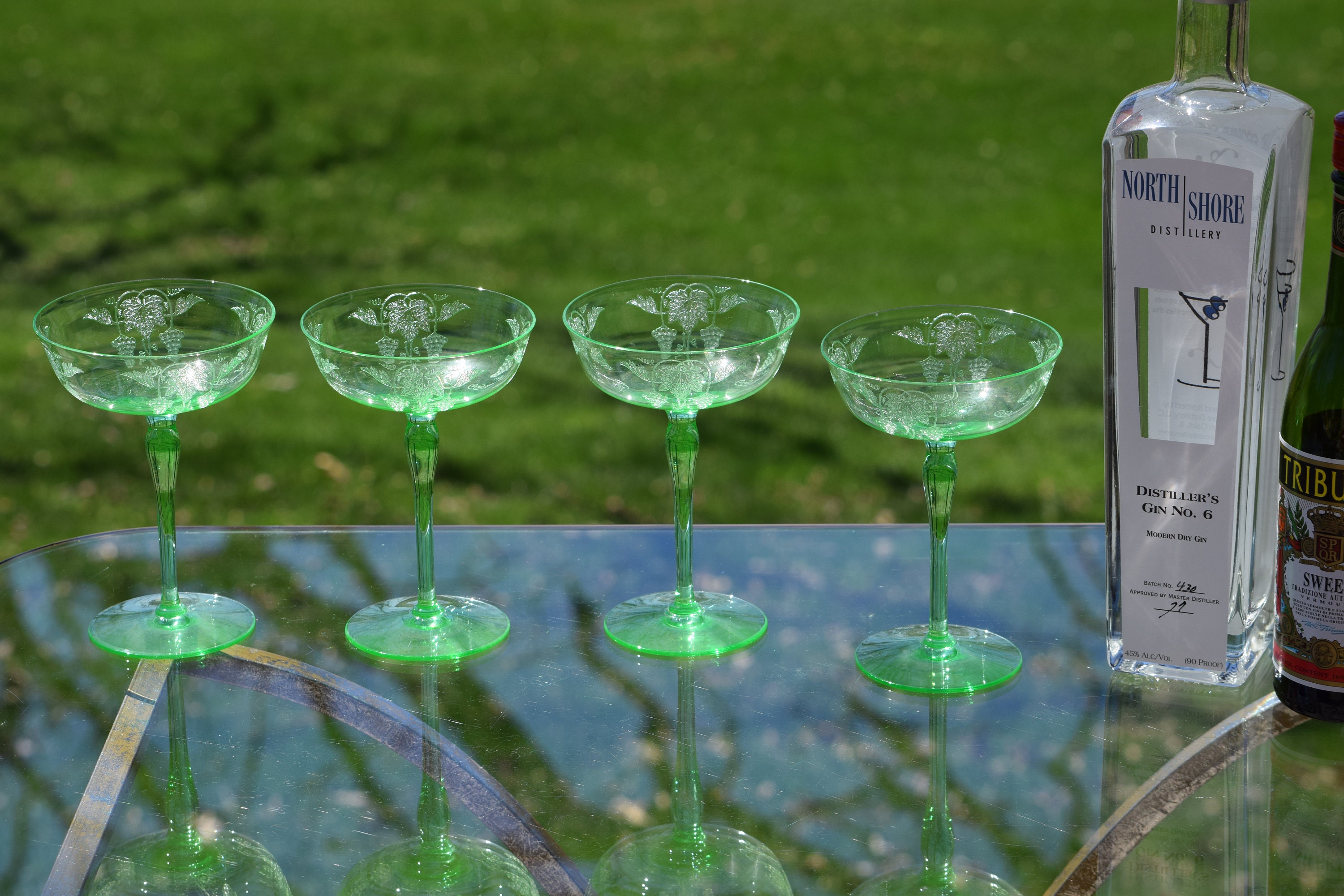 Vintage Needle Etched Green VASELINE Glass Cocktail Martini