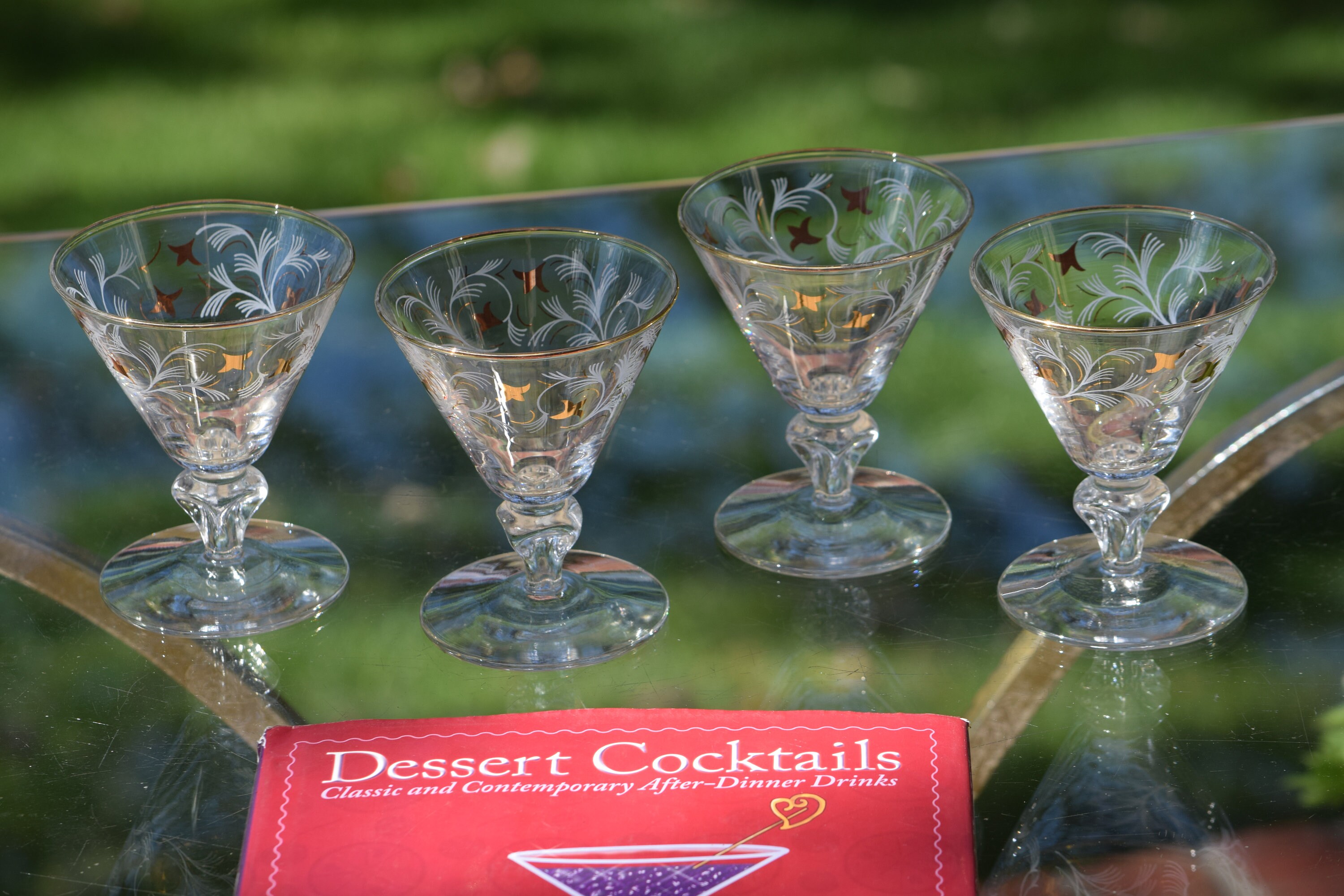 6 Vintage Cocktail Glasses with Gold and White Designs, Libbey