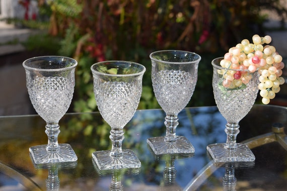 4 Antique Wine Glasses, Vintage Pressed Glass Square Stem Wine Glasses,  Westmoreland, English Hobnail, C. 1928-1978, Vintage Wedding Glass 