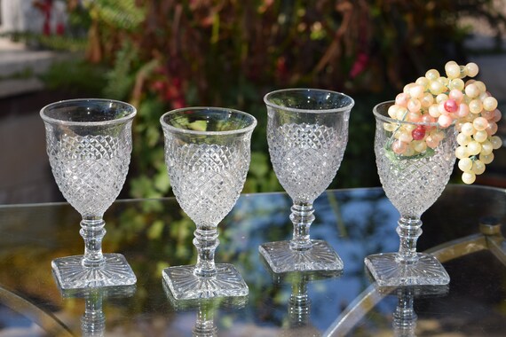 4 Antique Wine Glasses, Vintage Pressed Glass Square Stem Wine