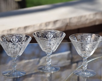 4 Vintage Etched CRYSTAL Cocktail ~ Martini Glasses, Cambridge, Diane, circa 1950, Nick and Nora, Wedding Champagne Toasting Glasses