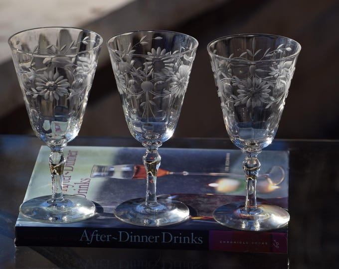 Vintage Etched Wine Glasses - 1950's - Floral Design, Set of 5
