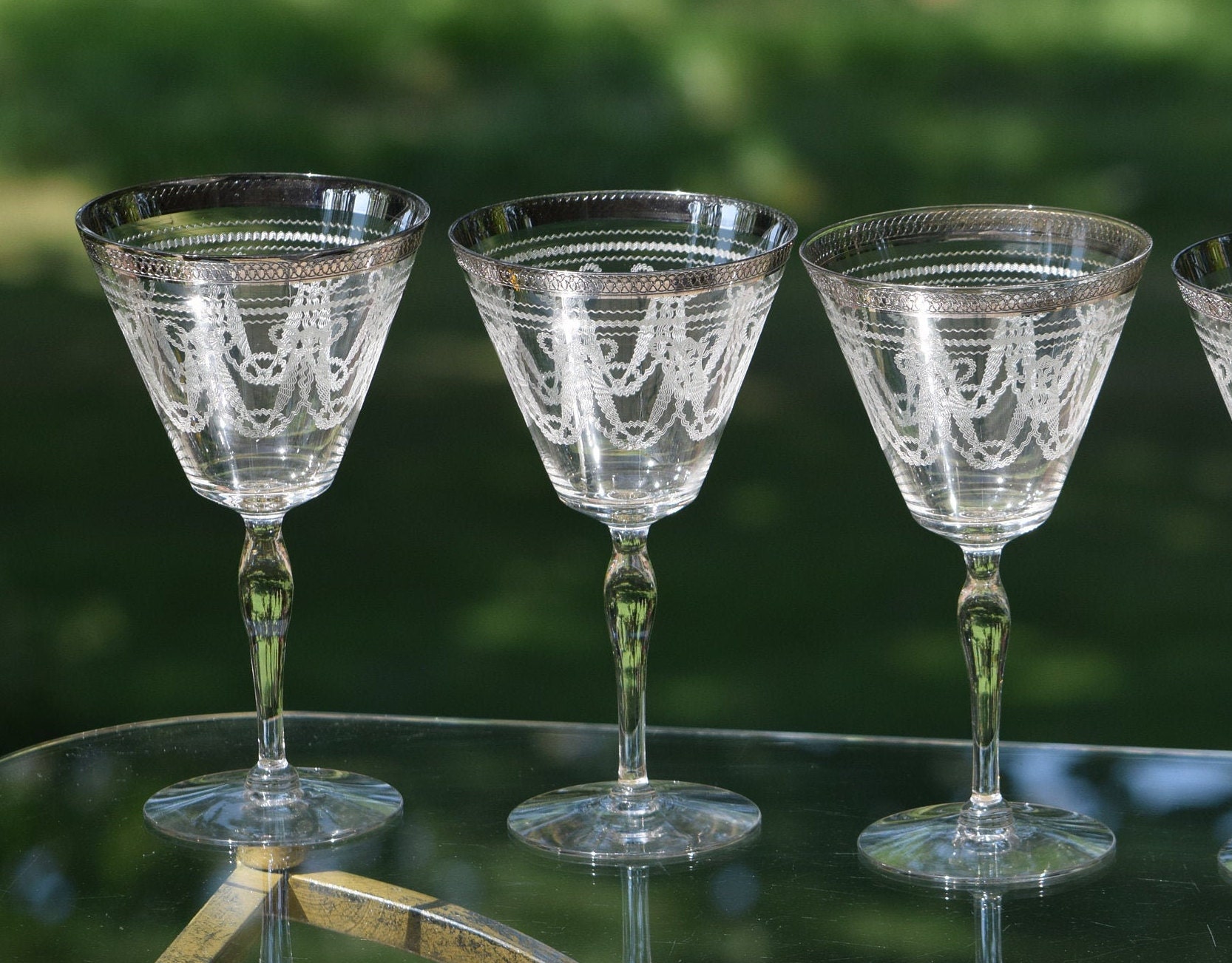 Vintage CRYSTAL Platinum Encrusted Rim Needle Etched Wine glasses