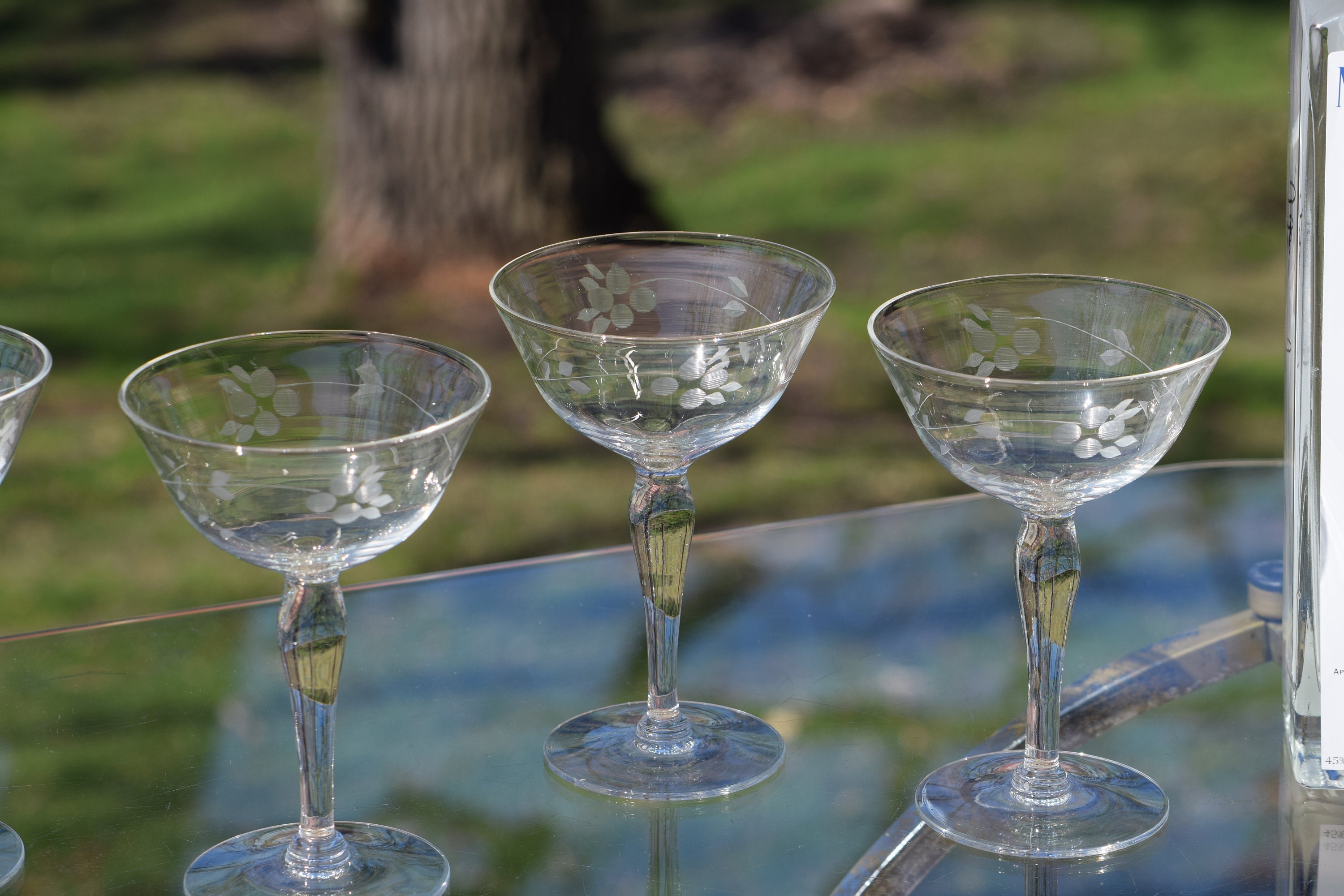 Vintage Etched Tall Cocktail Martini Glasses, Set of 4, 1950's, Vintage