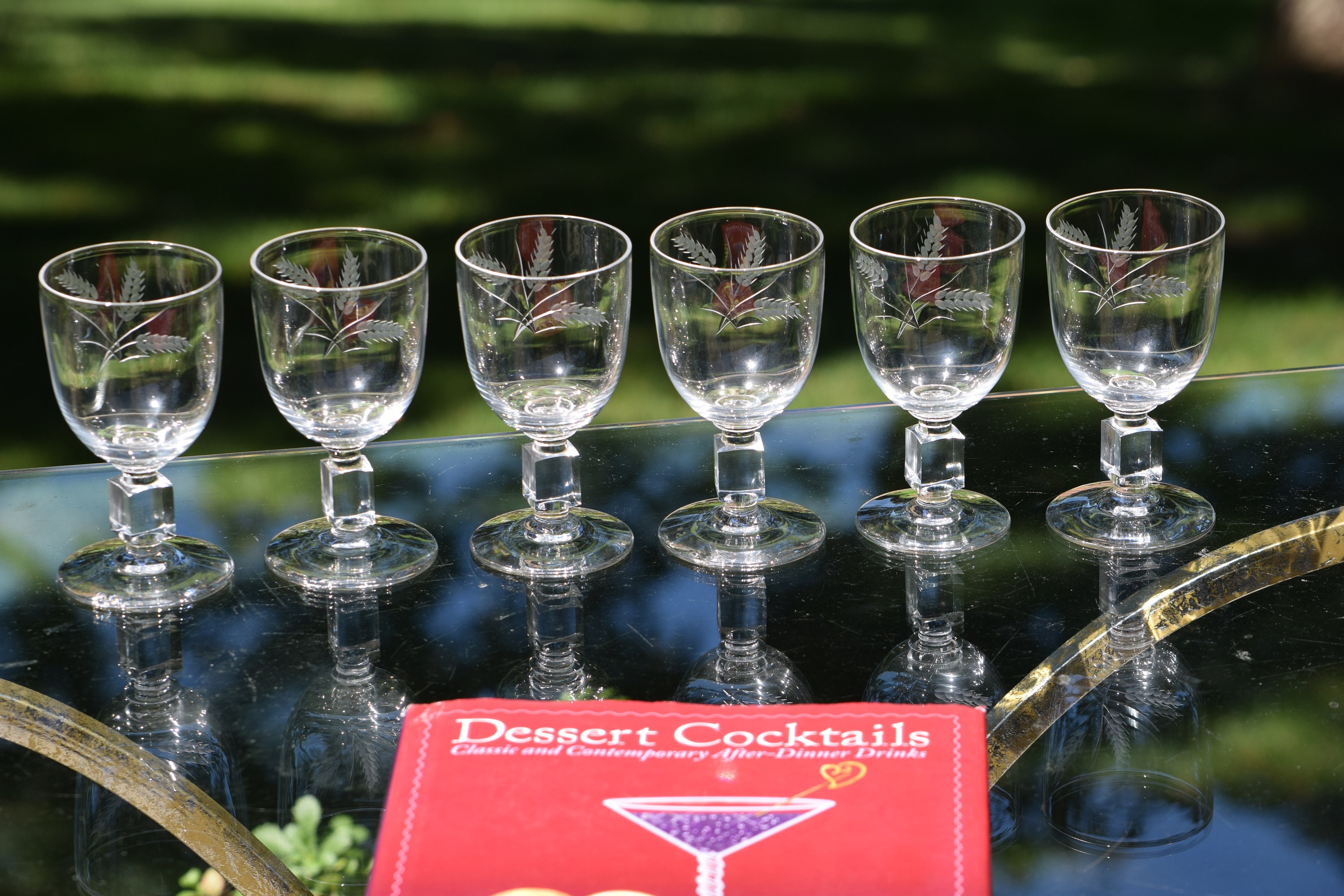 Vintage Etched Wine Cordials Glasses, Set of 6, circa 1950, 4 oz
