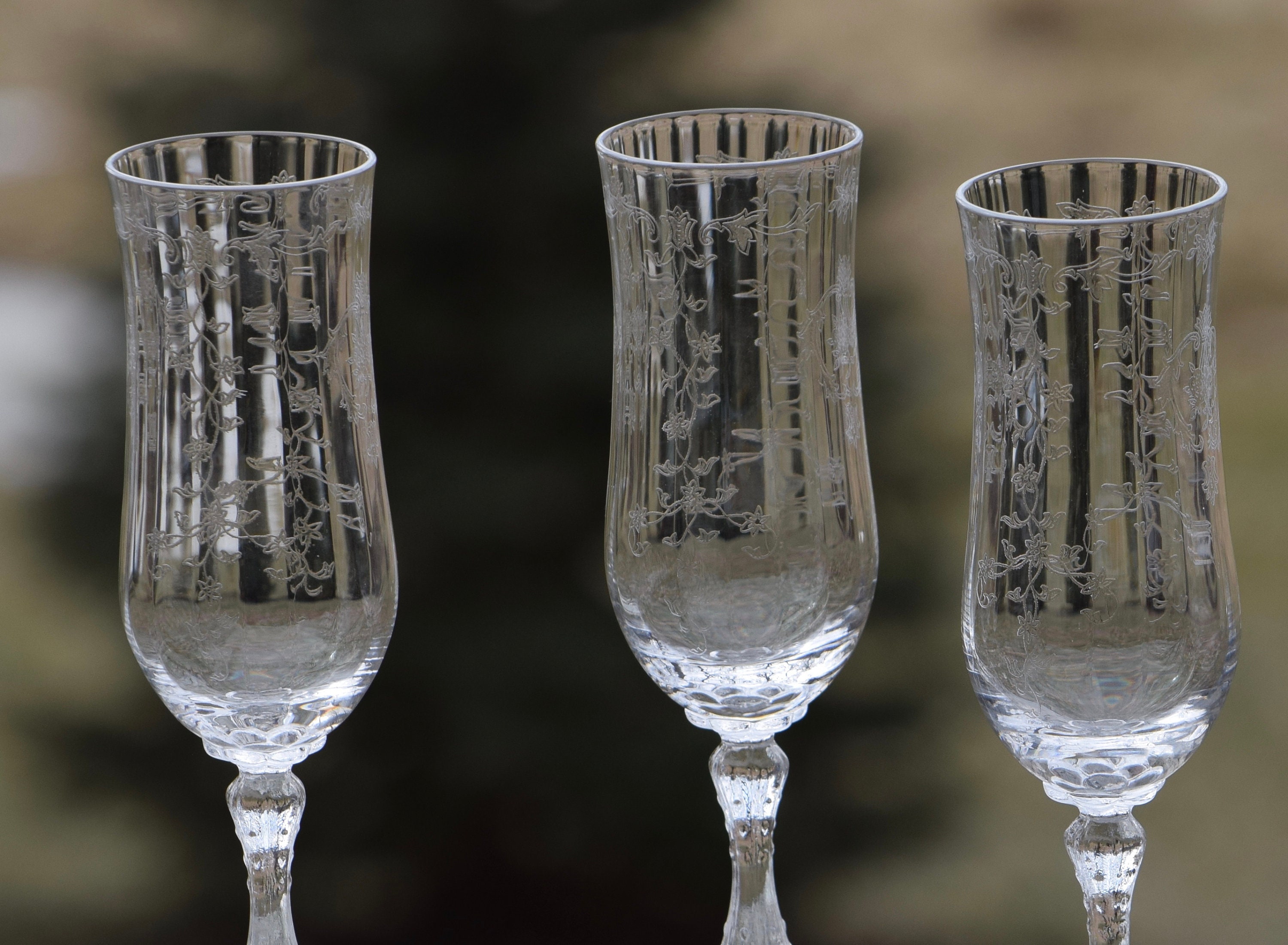 Vintage Needle Etched Crystal Champagne Flutes Glasses Set Of 2