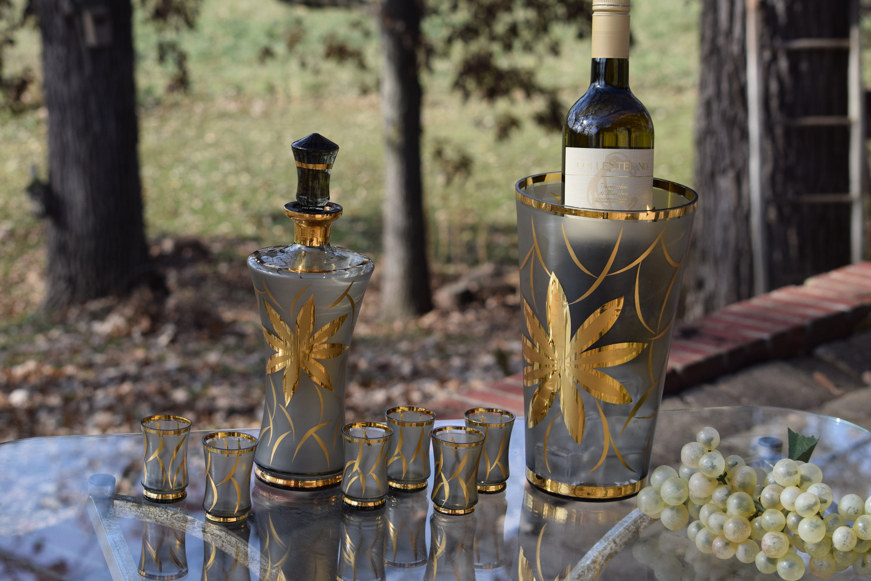 Vintage Gold Floral Wine Decanter with matching shot glasses and Wine