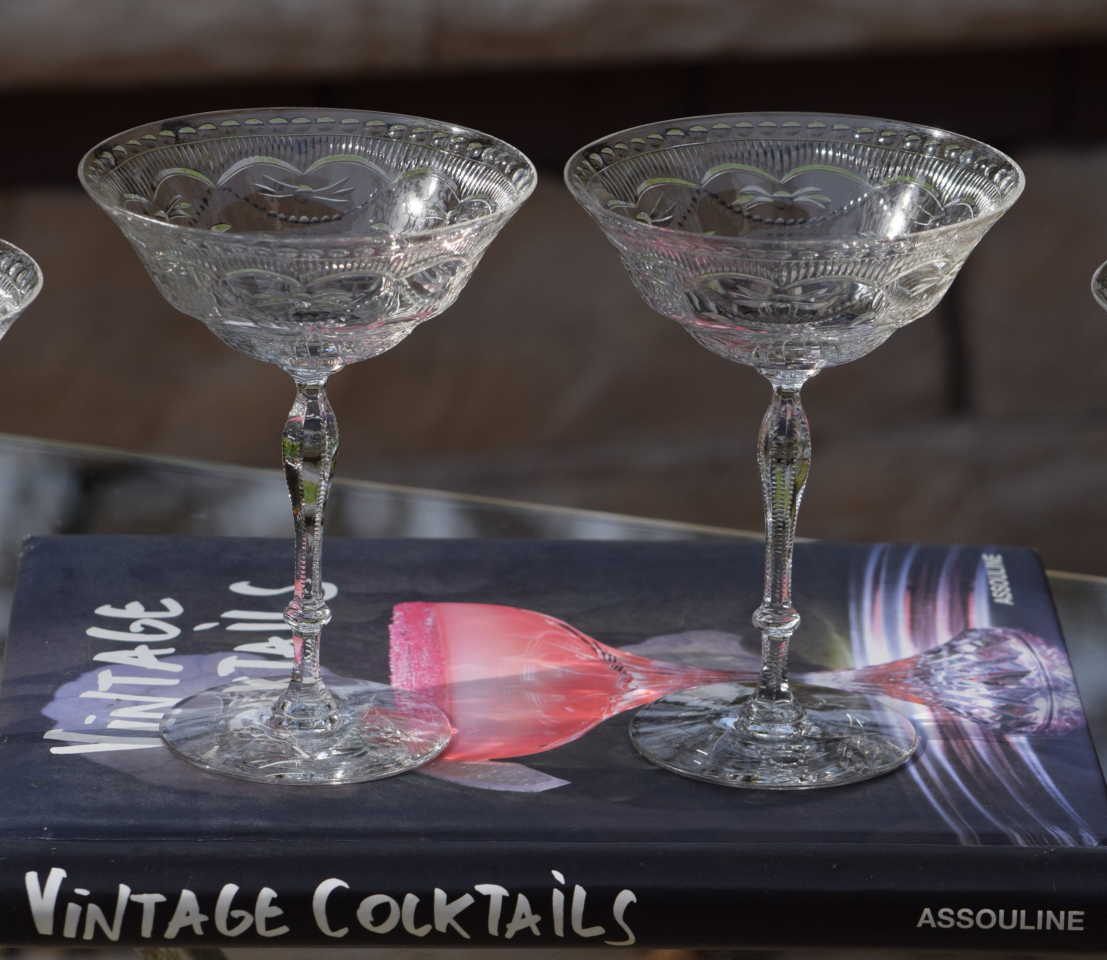 2 Vintage Etched ~ Black Stem Cocktail ~ Martini Glasses, Morgantown,  Baden, circa 1931, Unique Vintage Martini Glasses with Black Stem