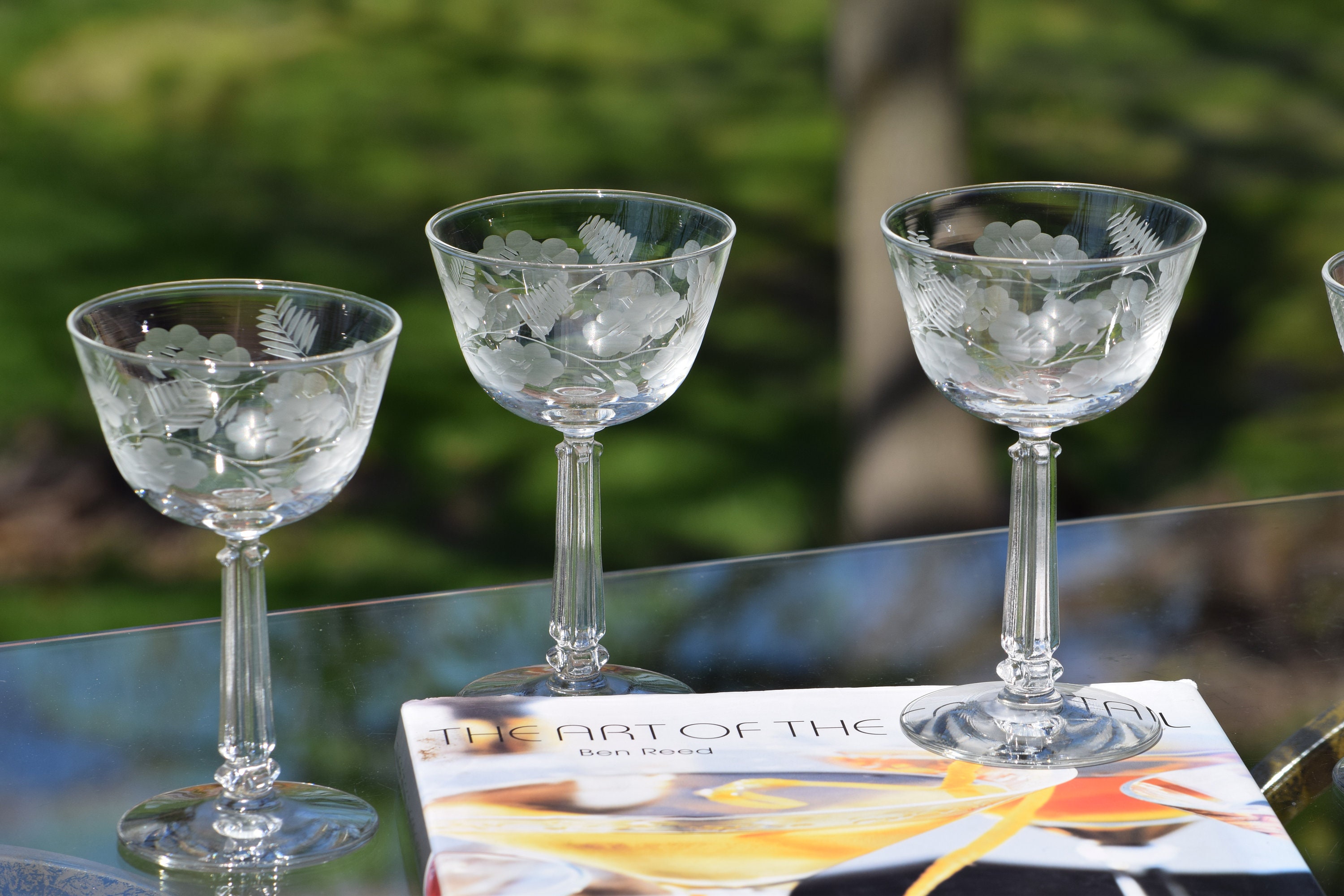 Vintage Floral Etched Tall Cocktail - Martini glasses, Set of 4