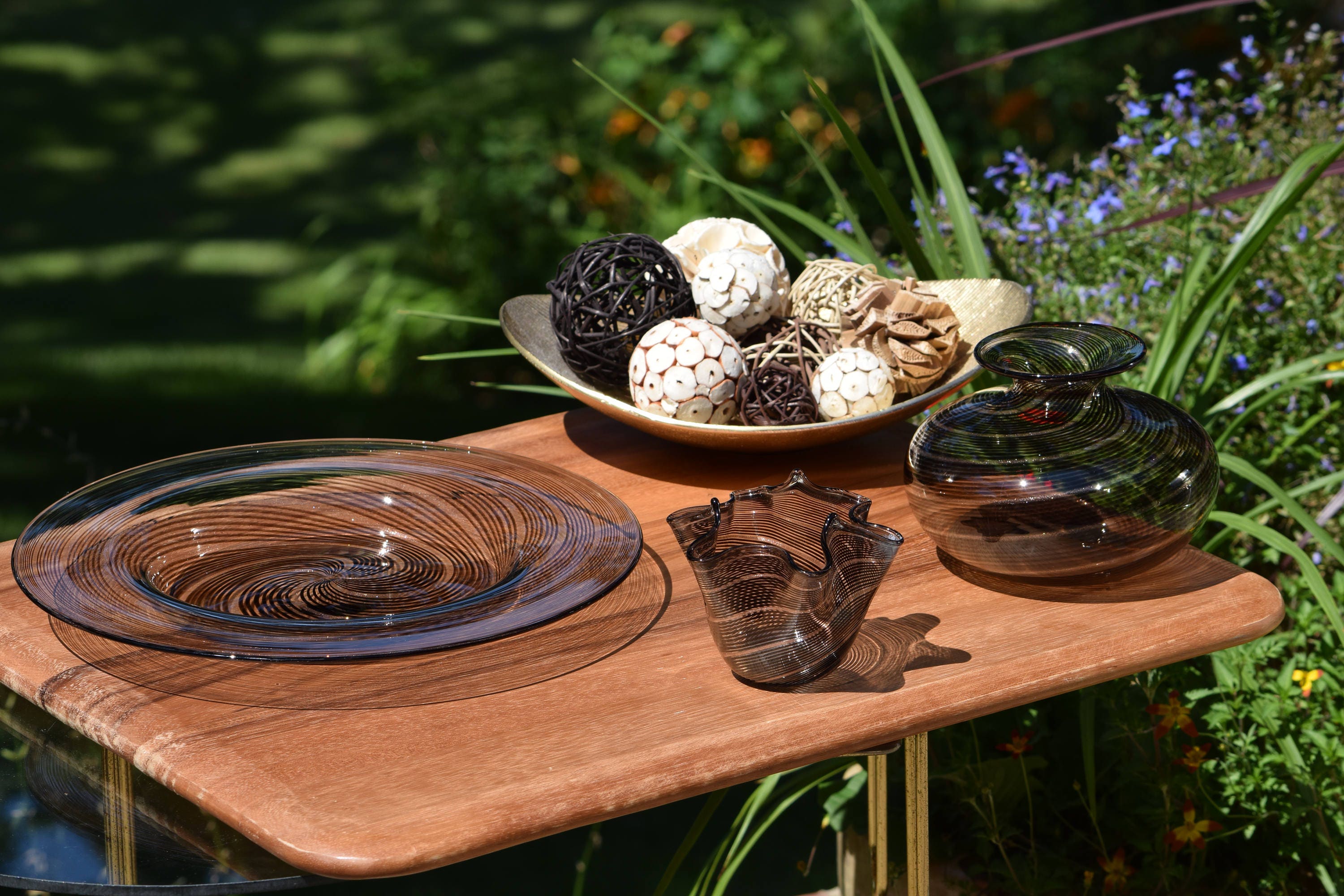 Vintage Murano Italian Black and Gold Swirl Large Bowl, Vase & Ruffled Vase, Set of 3, Vintage