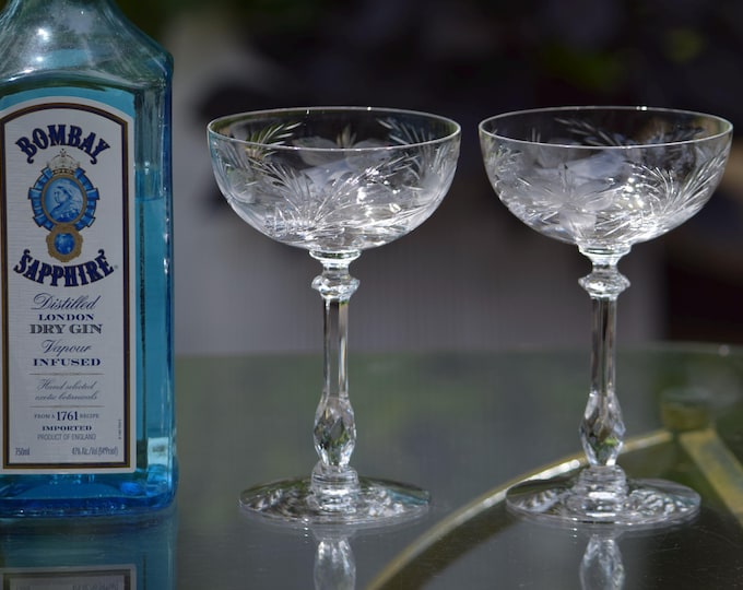 4 Vintage CRYSTAL Etched Cocktail Glasses - Coupes, Vintage Tiffin Franciscan, 1950's, Nick & Nora Coupes,  Champagne Coupes,