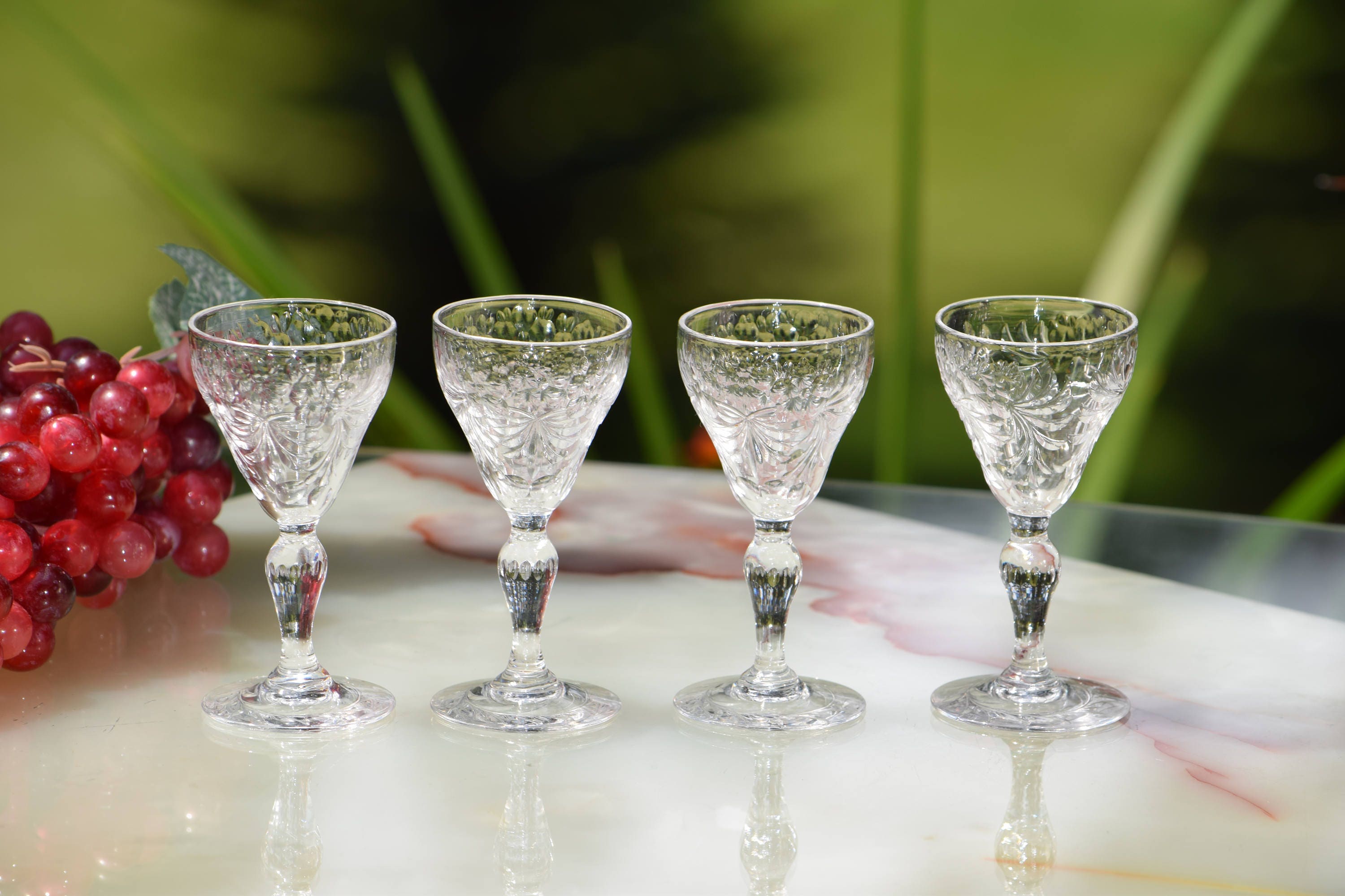 Vintage Etched Crystal Cordial Port Wine Glasses, Set of 4, Wine Party