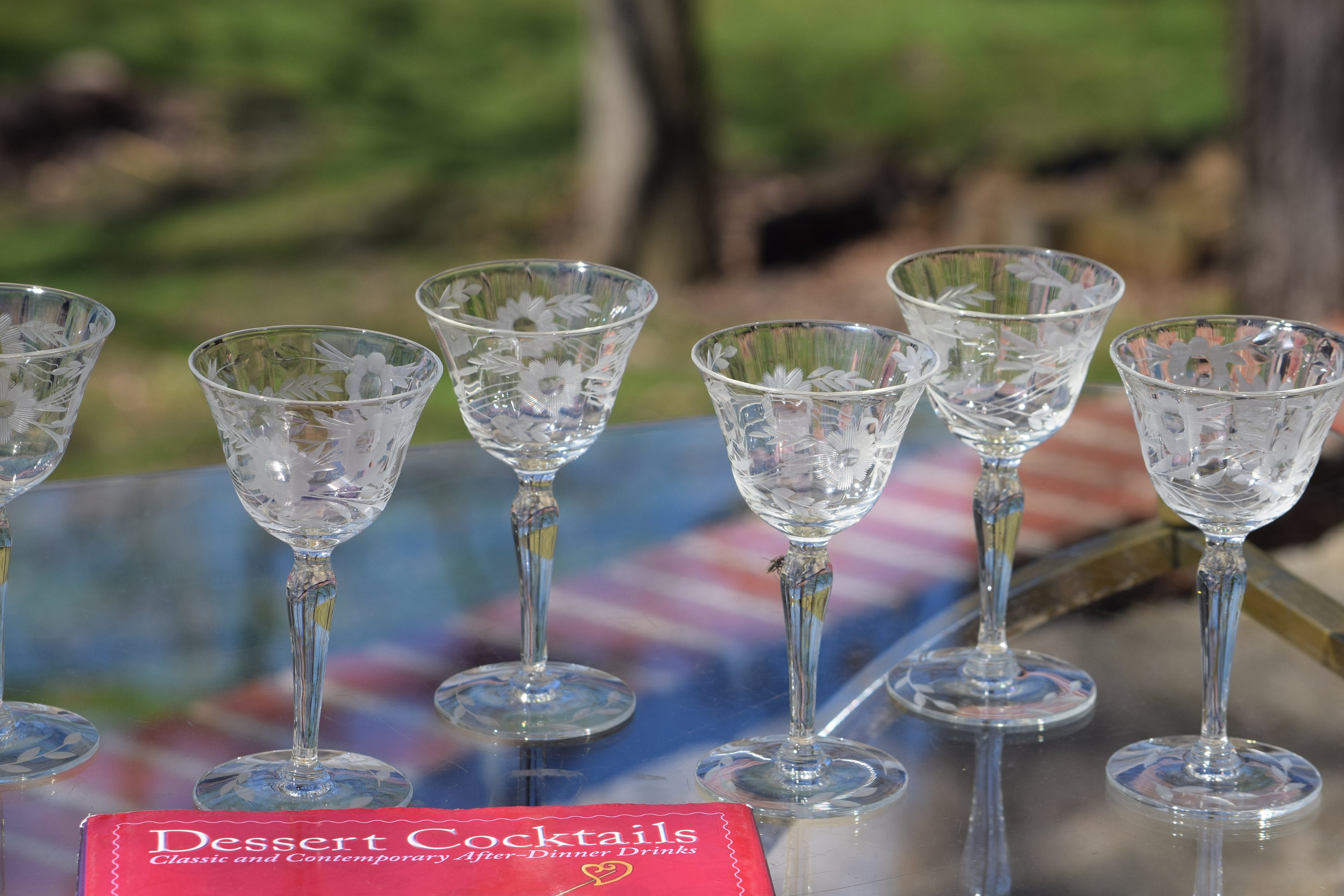 2 Vintage Clear Crystal Floral Etched Cordial Wine Glasses