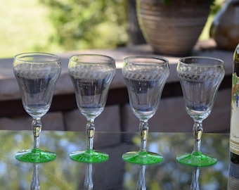 Antique Needle Etched Green Uranium Wine Glasses, Set of 4,  Vintage Etched Wine Glasses