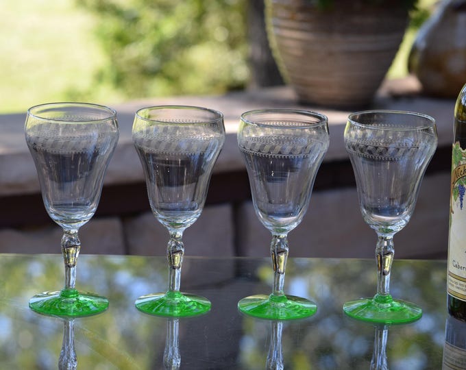 Antique Needle Etched Green Uranium Wine Glasses, Set of 4,  Vintage Etched Wine Glasses