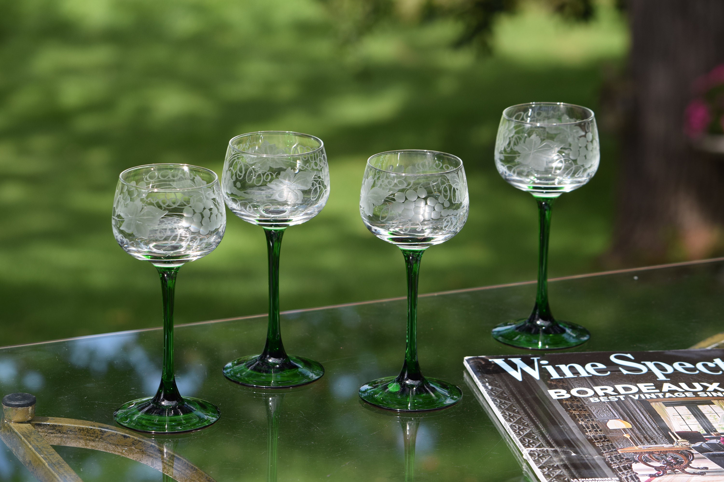 Vintage Etched with Green Stemmed Wine Glasses, Set of 6, Vintage Port Wine Glasses, After