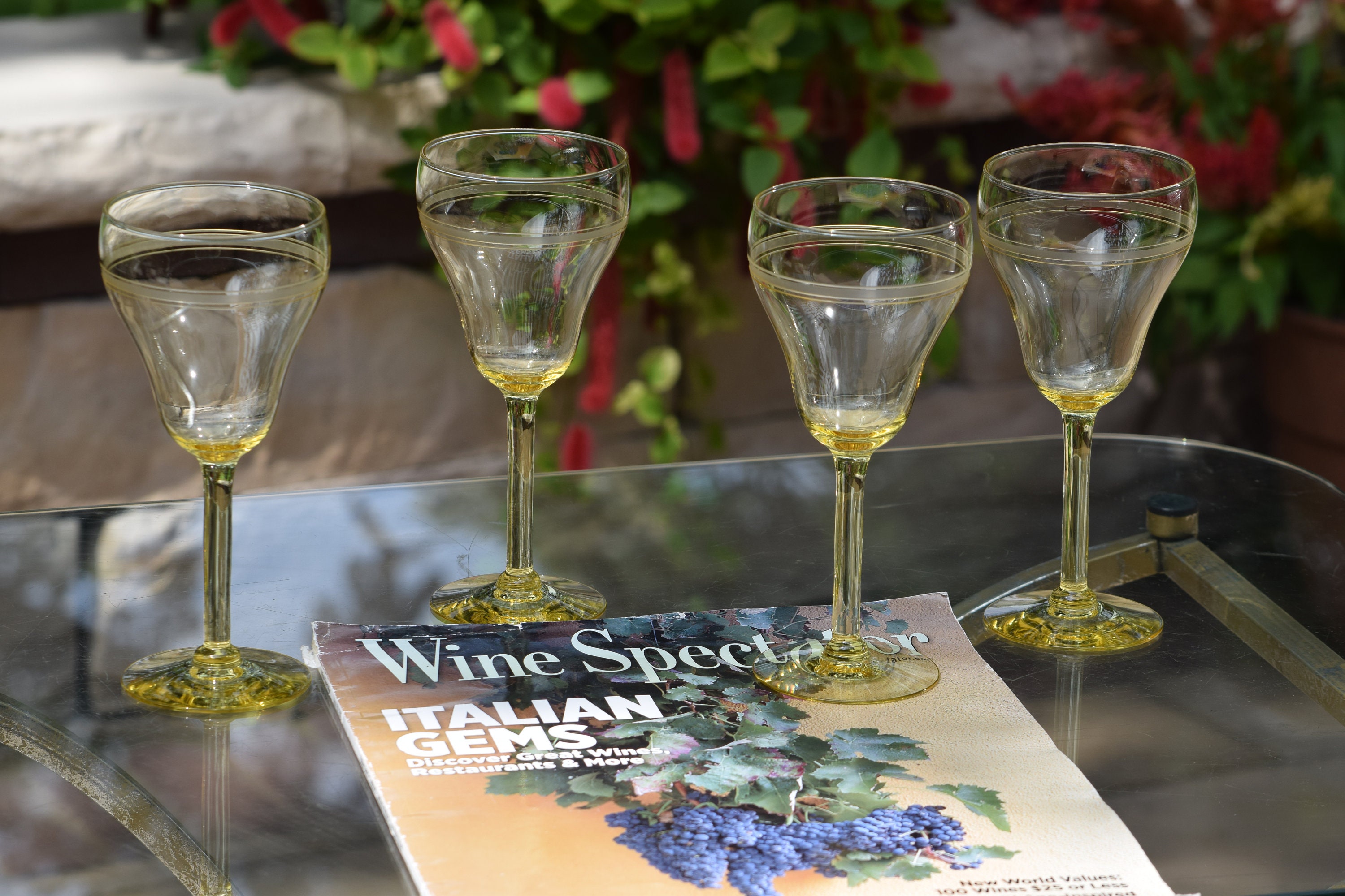 4 Vintage Etched Yellow Wine Glasses, 1940's, Elegant Tall Yellow