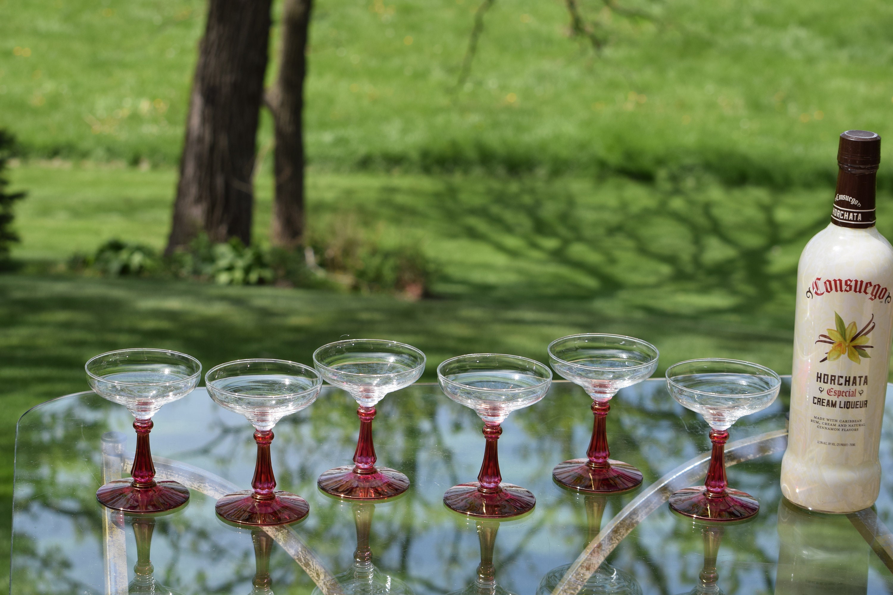 4 Vintage Cocktail Coupes - Glasses Pink Stems, 4 oz Small