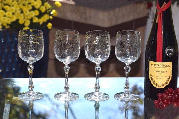 Vintage Etched Crystal Wine Glasses: 1940s Stemware, Set of 4